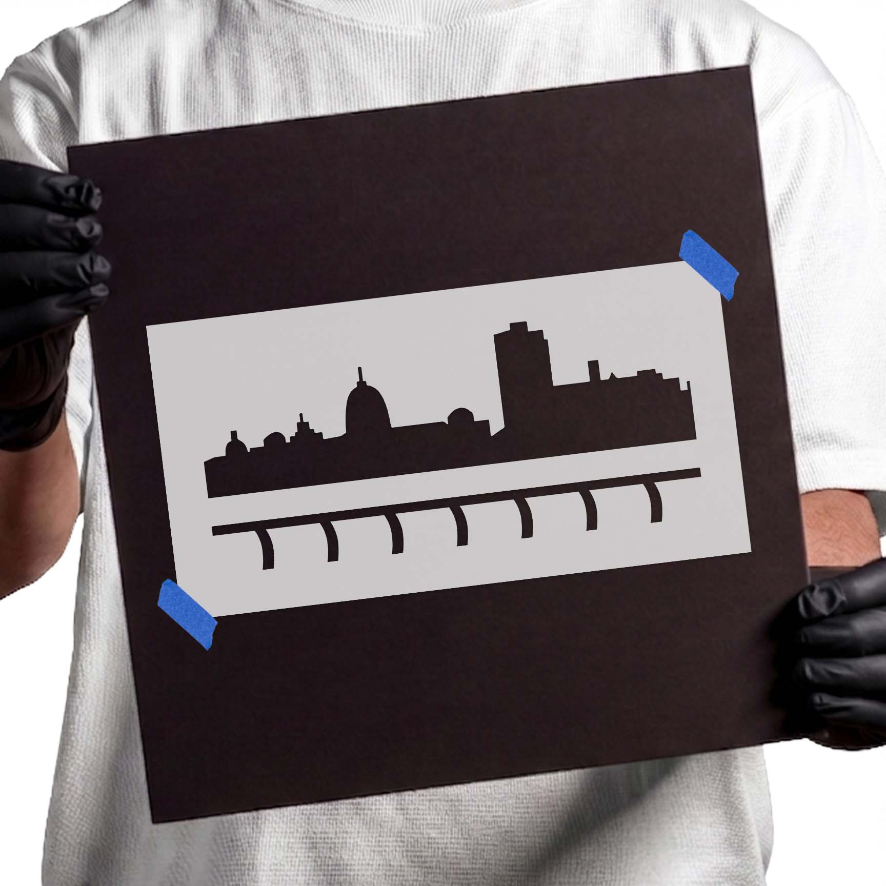 Harrisburg skyline stencil with city buildings and linear detail