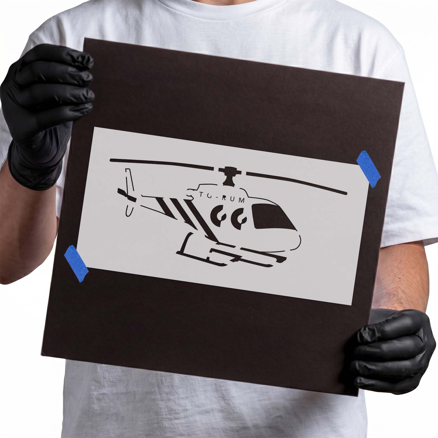 Helicopter stencil with rotor blades cockpit tail and landing skids