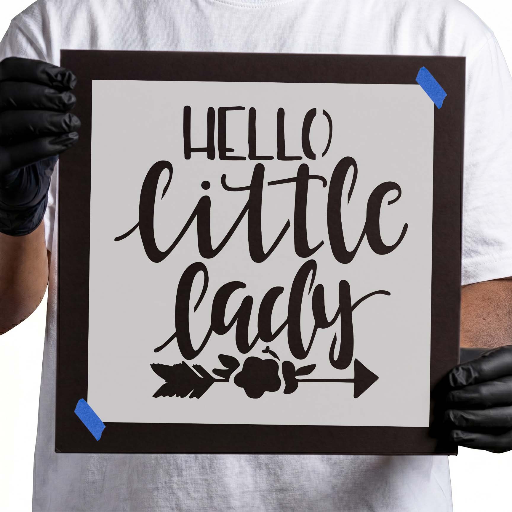 Hello Little Lady stencil lettering with floral arrow design