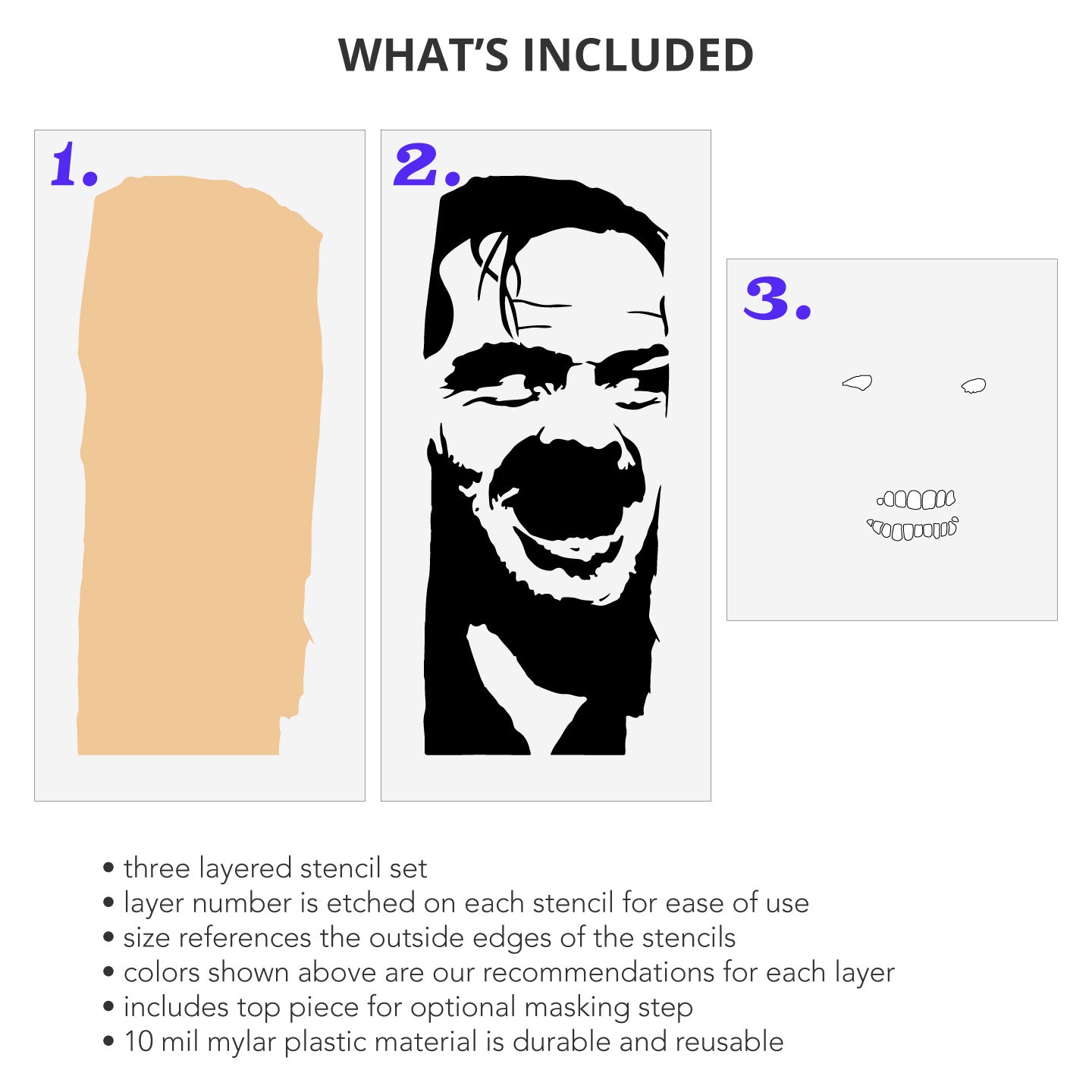 What's Included Here's Johnny 3 Layer Stencil Set