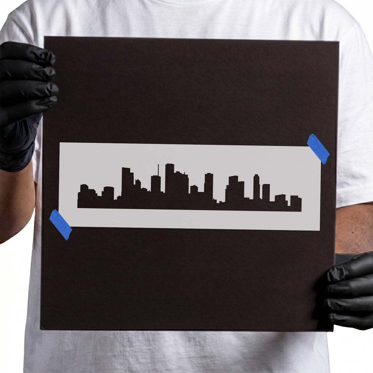 Houston skyline stencil with high-rise buildings and tower silhouettes