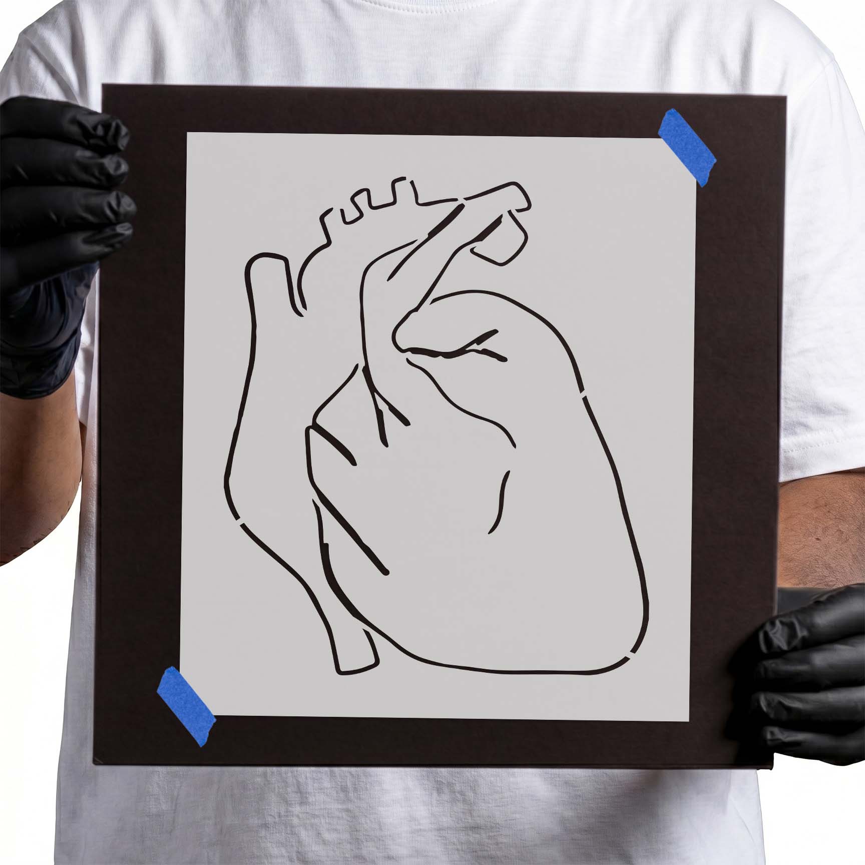 Human heart stencil with anatomical outline and visible vessel details