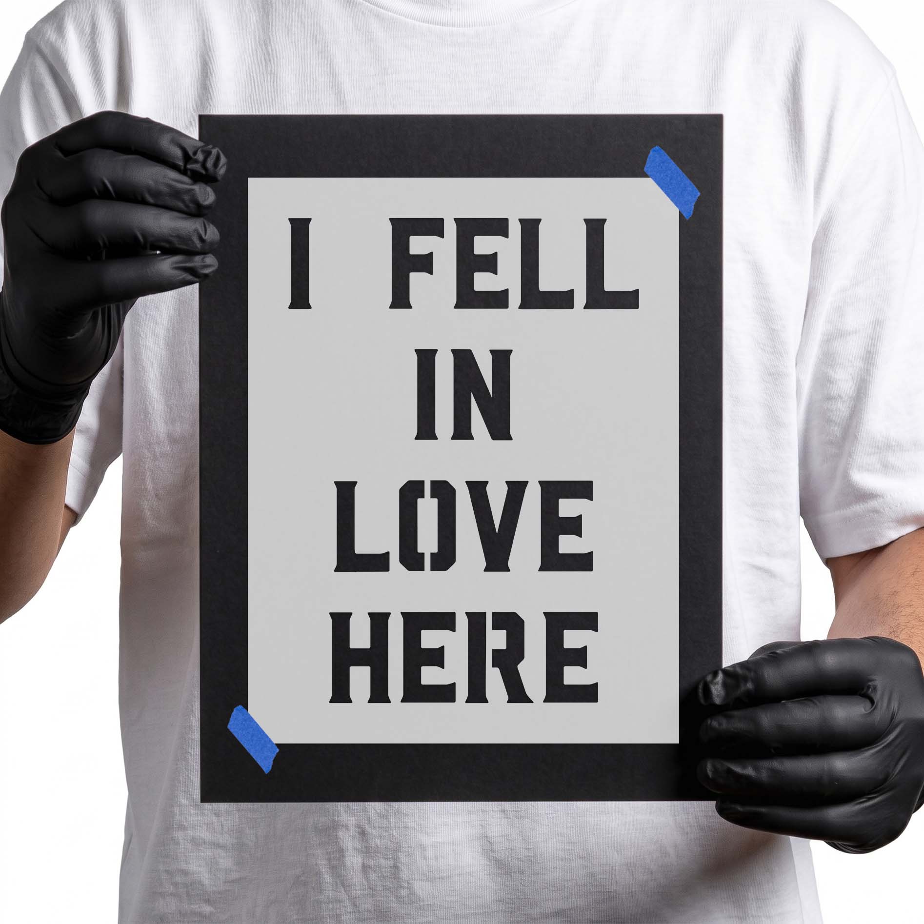 I Fell in Love Here phrase stencil with bold stacked lettering