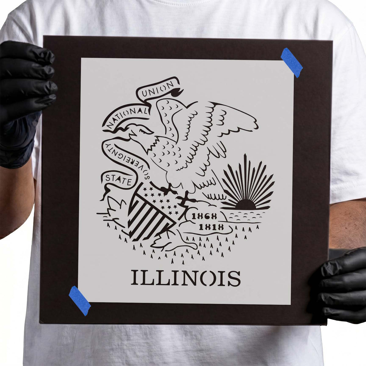 Illinois state seal stencil with eagle shield sun and lettering