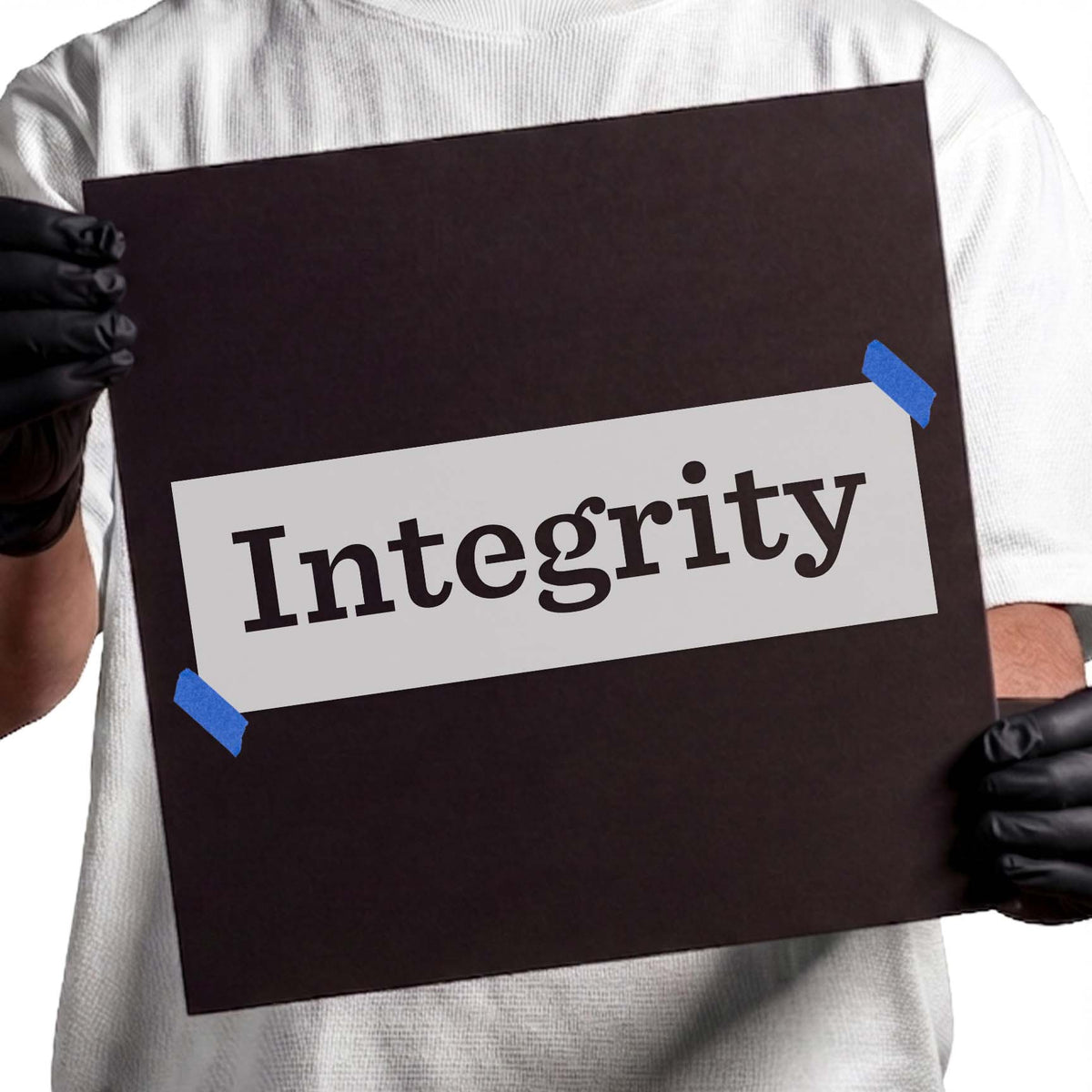 Integrity word stencil displayed in strong classic serif lettering