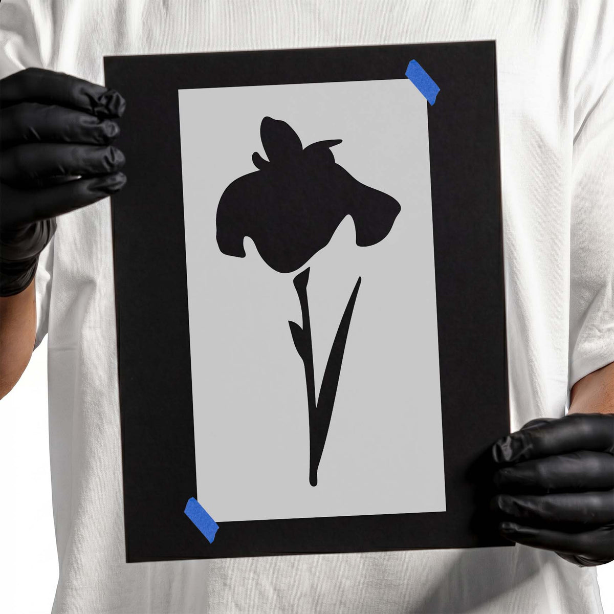 Iris flower stencil with single bloom and slender leafy stem