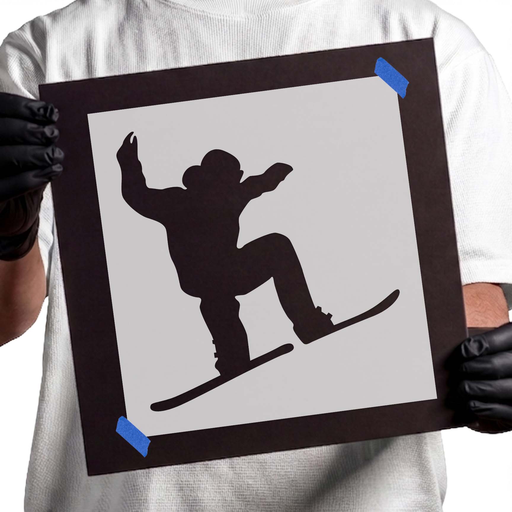 Jumping snowboarder stencil with airborne rider silhouette