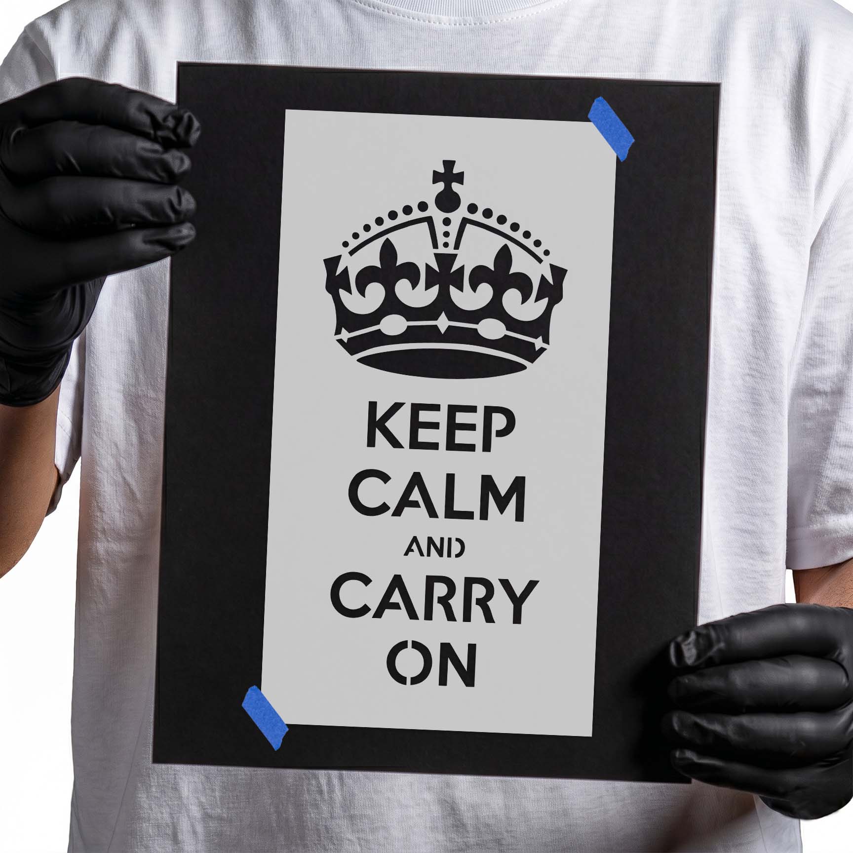 Keep calm and carry on quote stencil with ornate crown