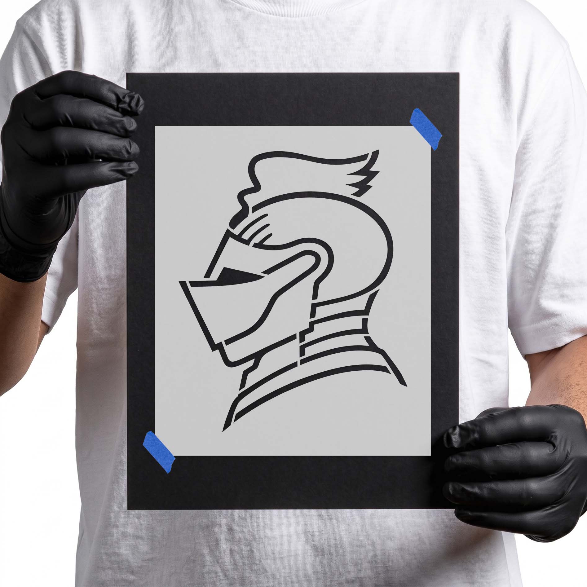 Side profile knight helmet stencil with armor lines and plume
