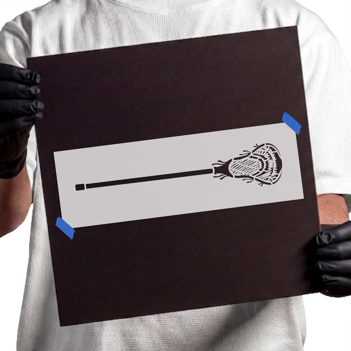 Lacrosse stencil with long shaft and detailed netted stick head