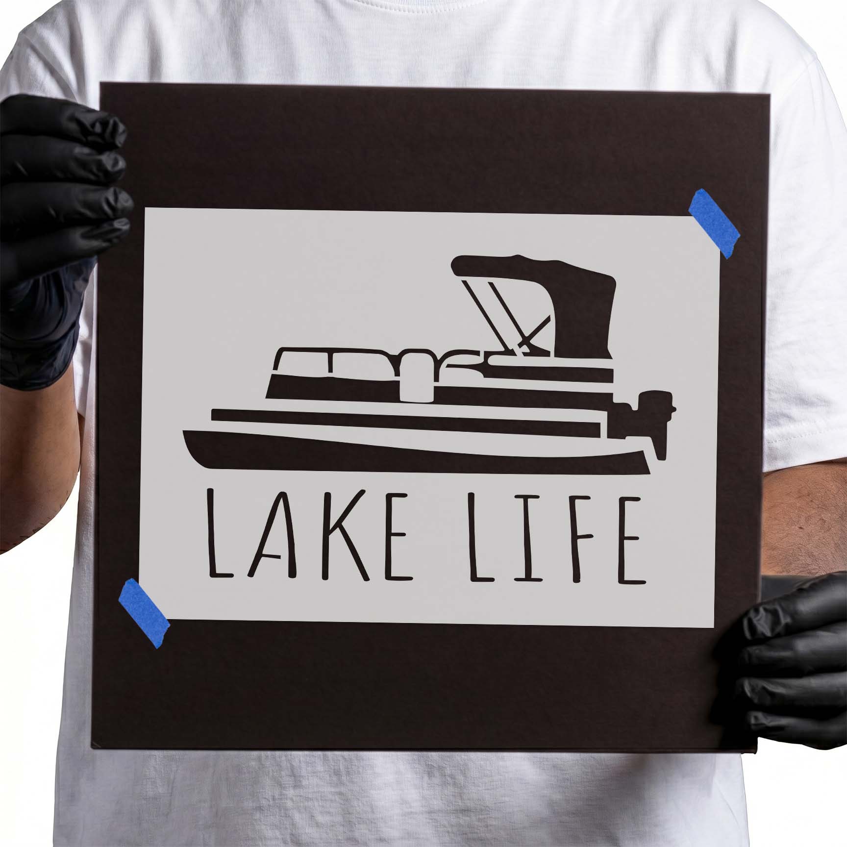 Lake life stencil with recreational boat and tall lettering