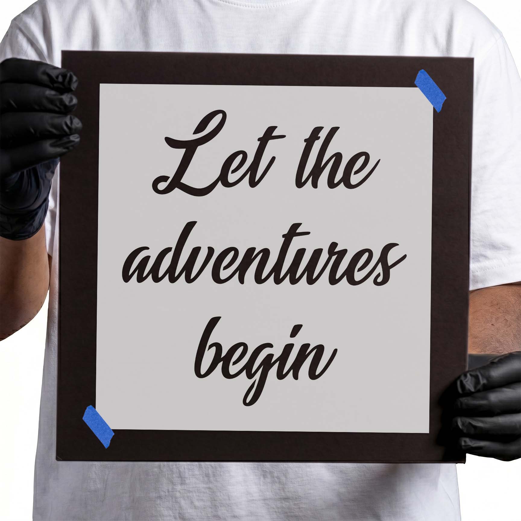 Let the adventures begin quote stencil in flowing script lettering