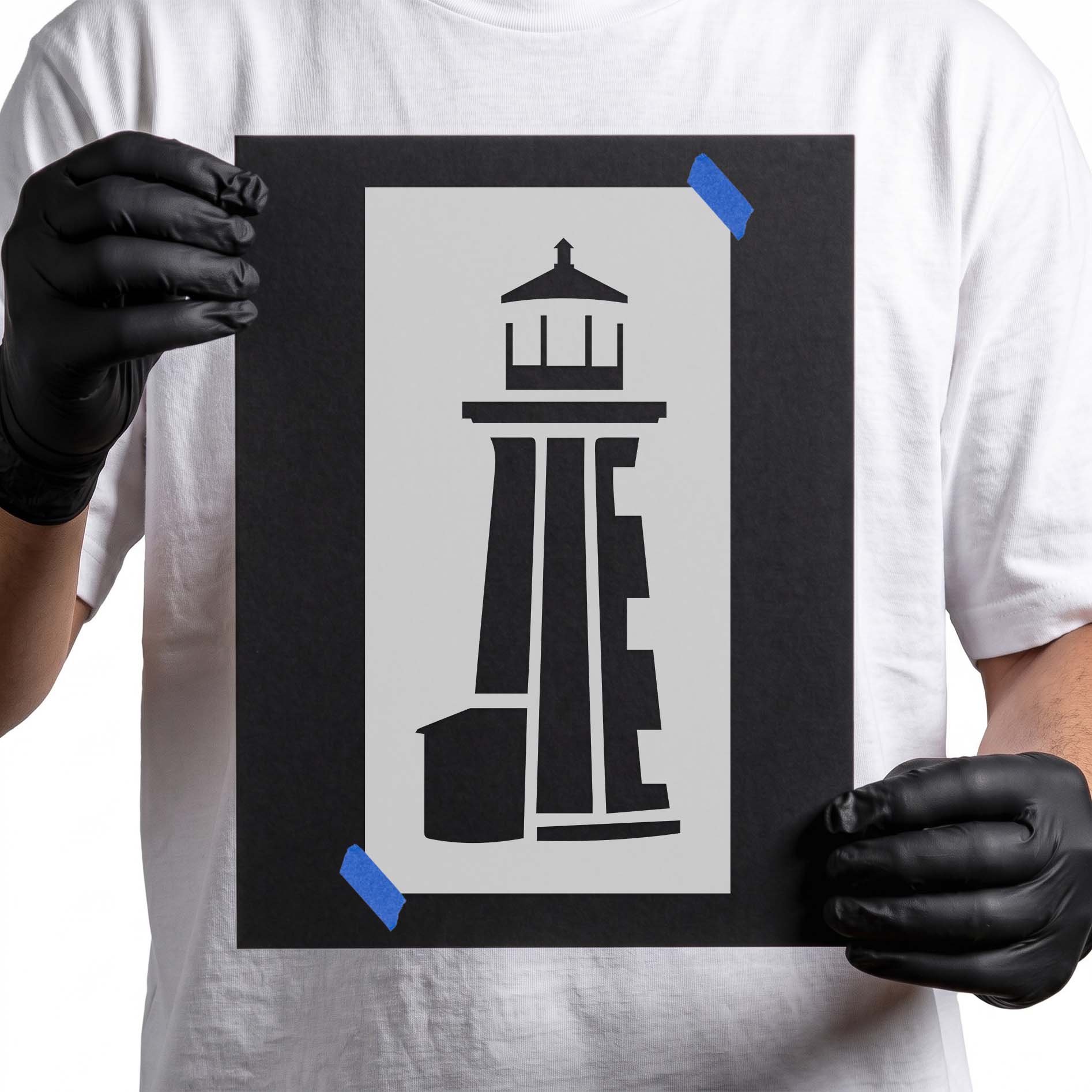 Lighthouse stencil with geometric tower and lantern room silhouette