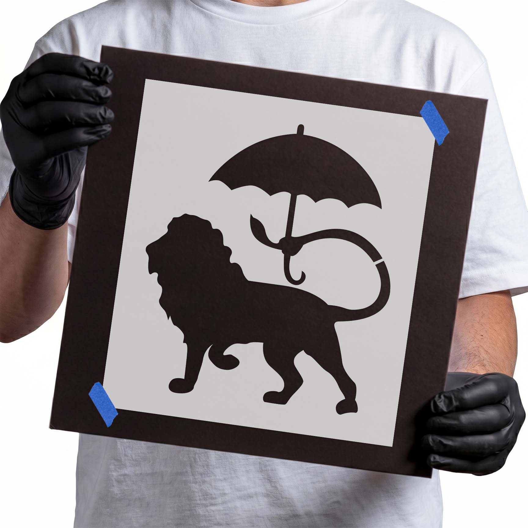 Lion stencil with curled tail holding an open umbrella overhead