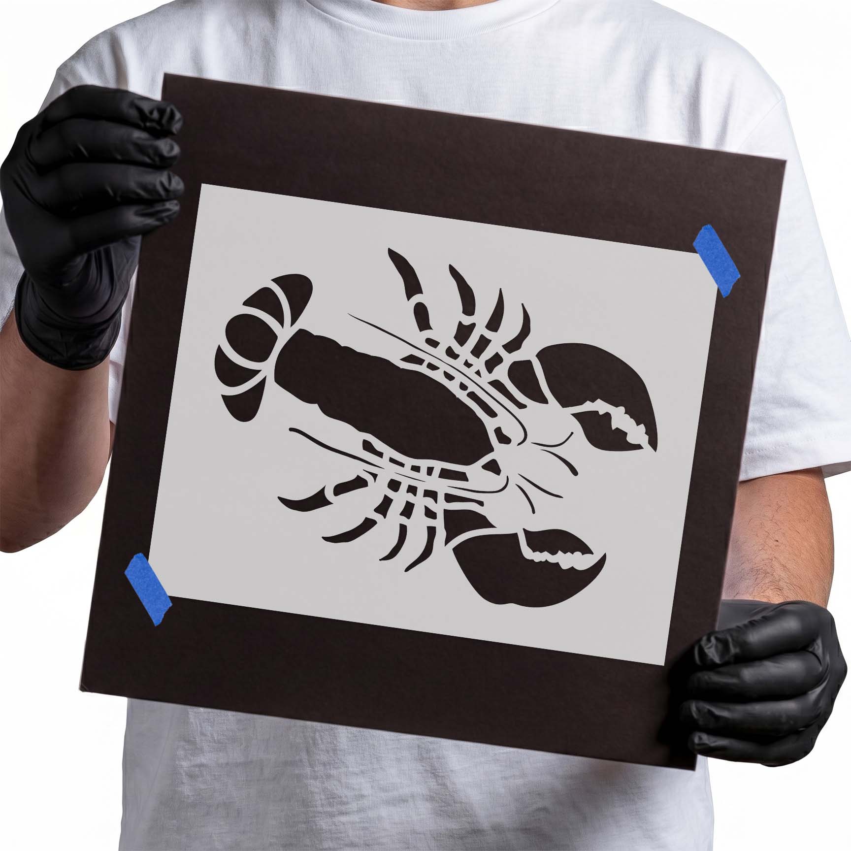 Detailed lobster stencil with large claws, antennae, legs, and segmented tail