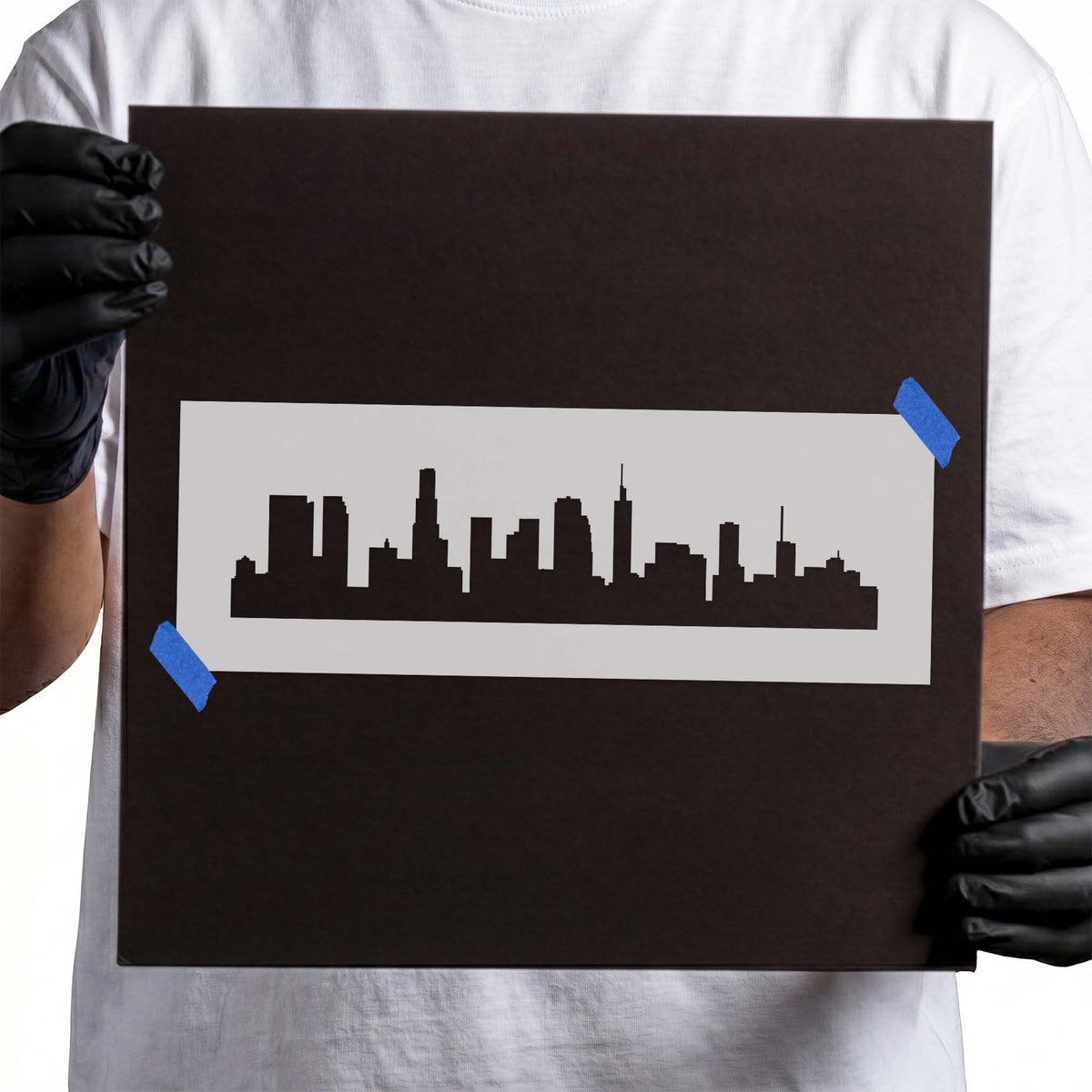 Los Angeles skyline stencil with varied towers and high-rise silhouettes