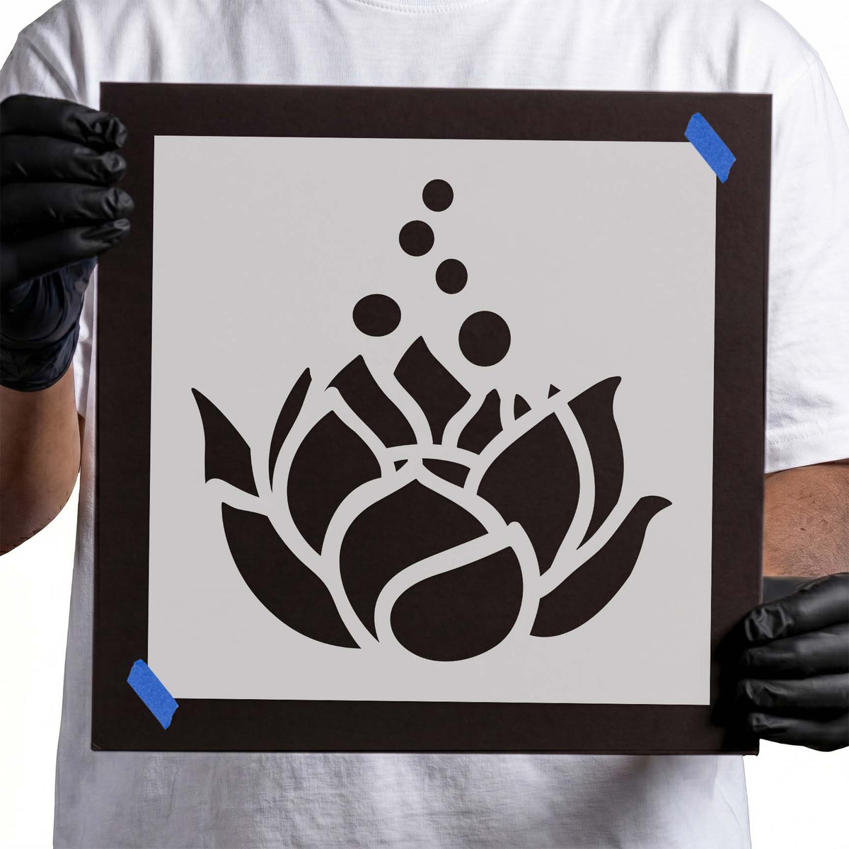 Lotus flower stencil with layered petals and rising circular accents