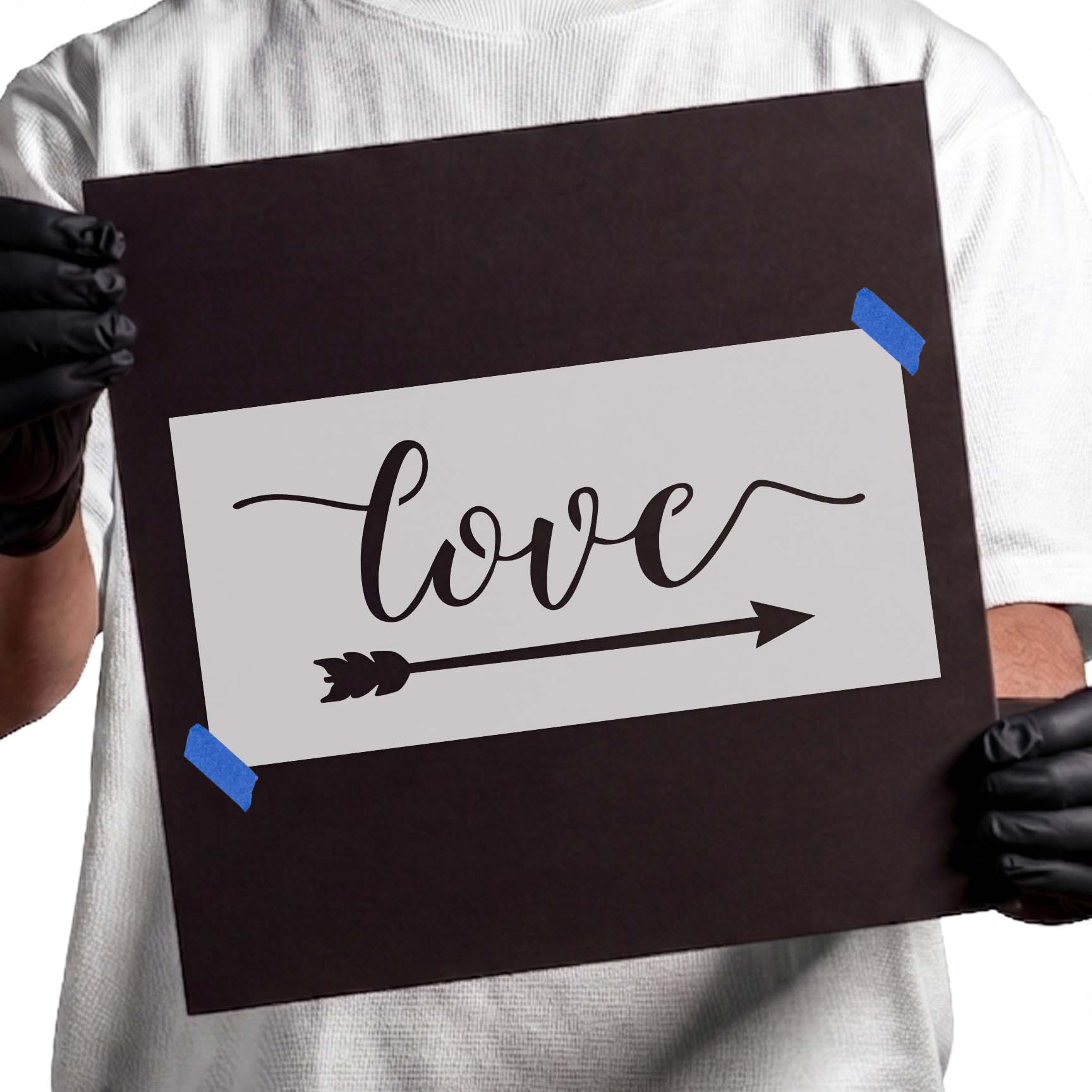 Cursive love stencil with long decorative feathered arrow