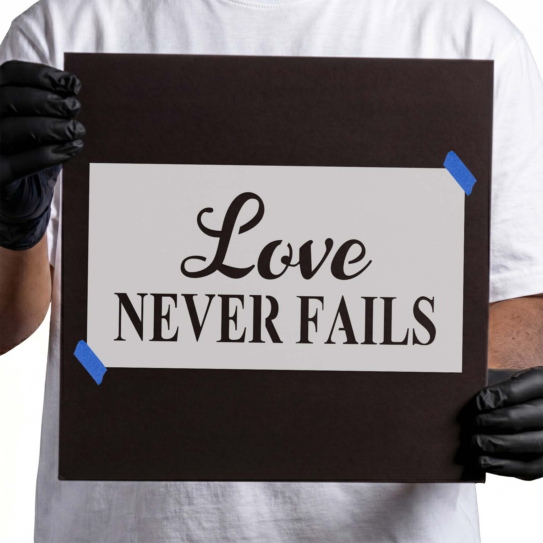 Love Never Fails stencil with script and bold uppercase lettering
