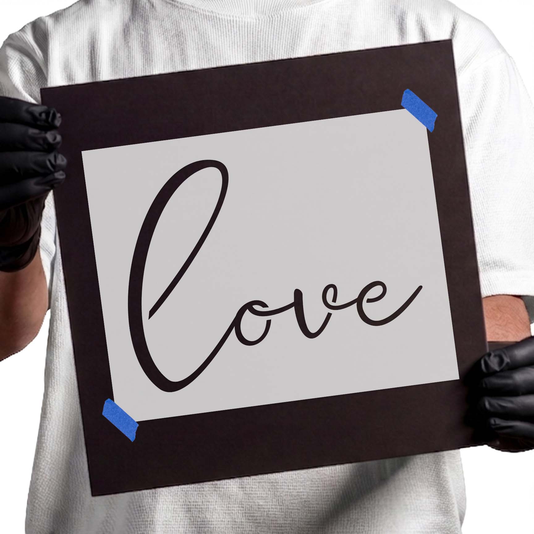 Love stencil featuring flowing handwritten script with sweeping curved lettering