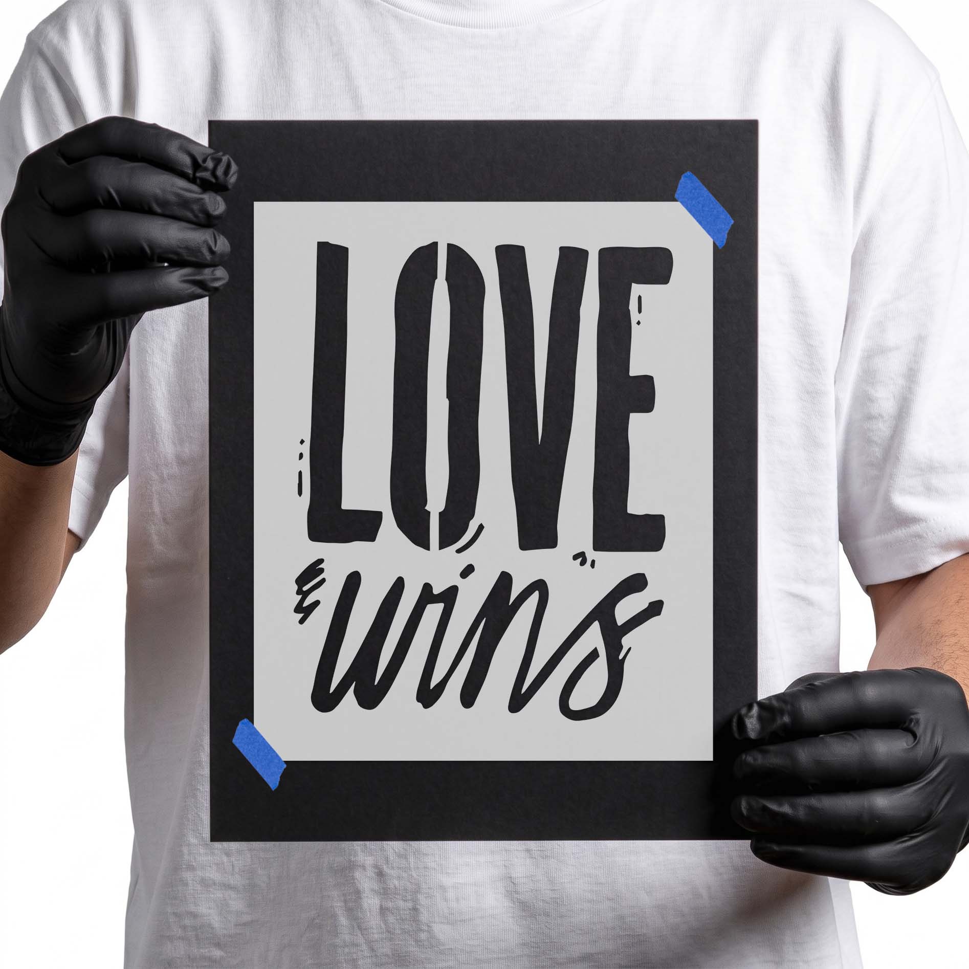 Love wins stencil with bold block and handwritten script lettering