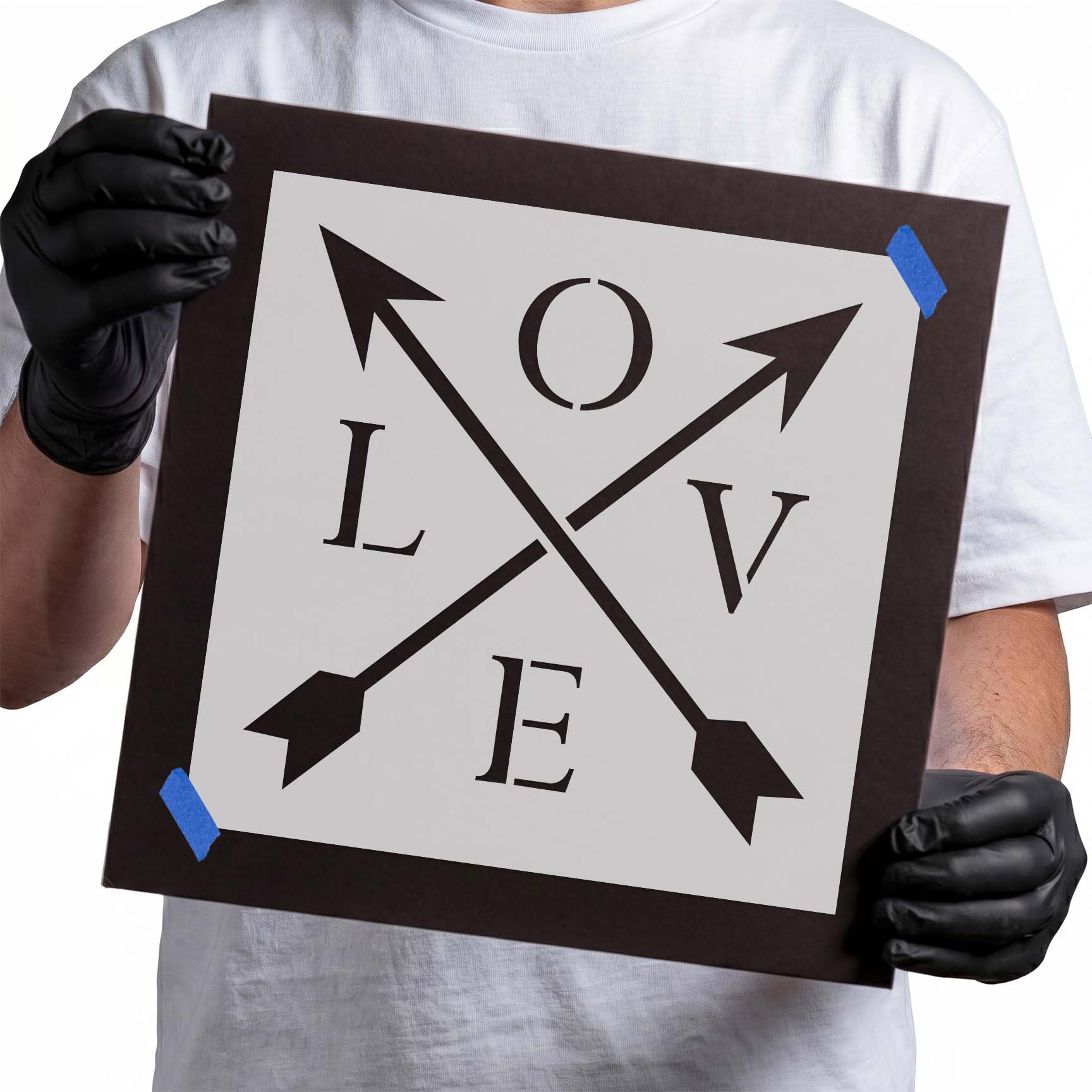 LOVE lettering stencil with two bold crossed arrows