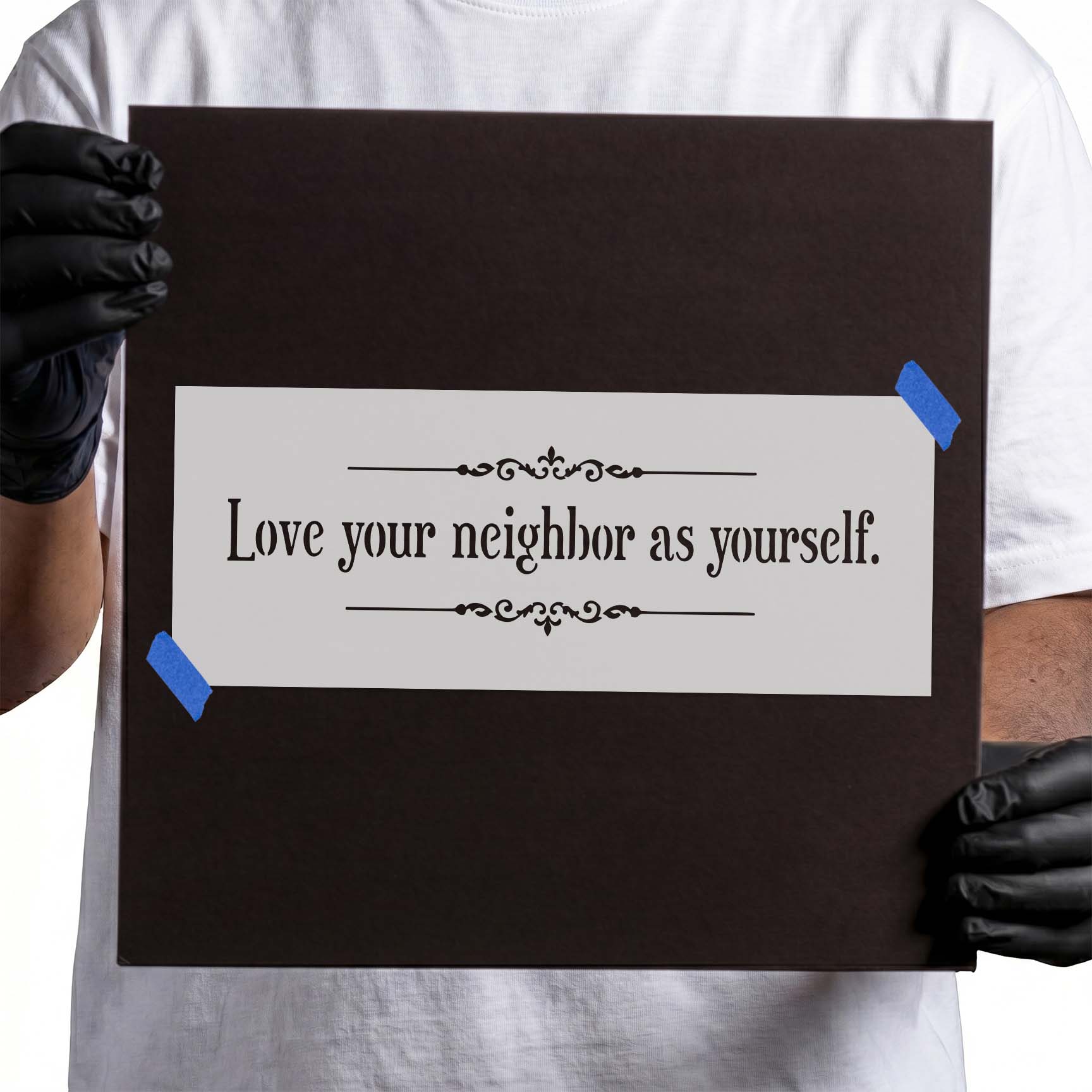 Love your neighbor quote stencil with decorative ornamental flourishes