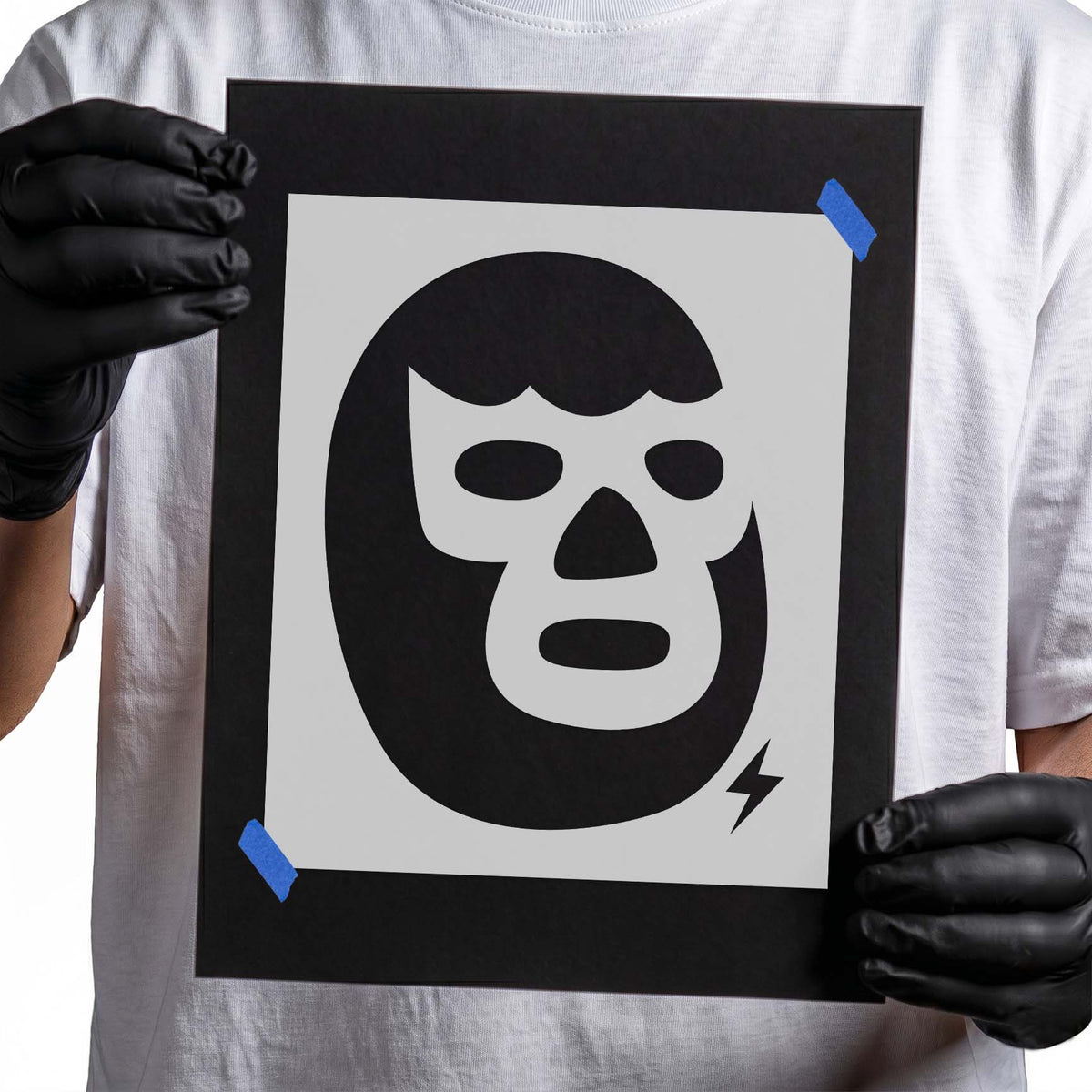 Lucha libre mask stencil with bold facial features and lightning bolt