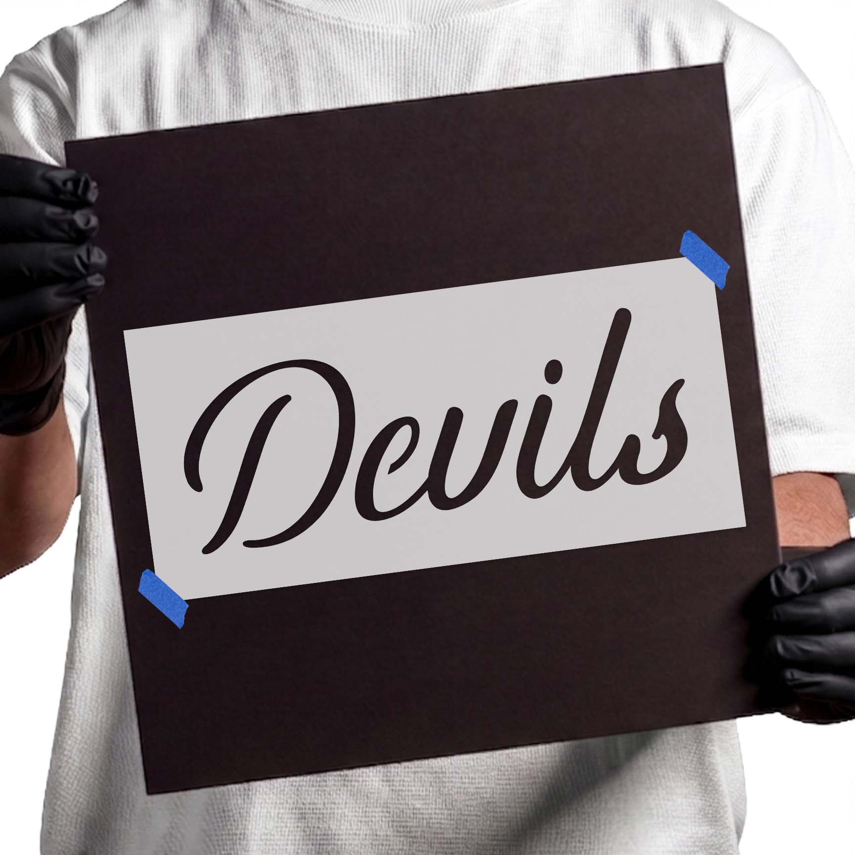  Devils mascot stencil with flowing cursive lettering