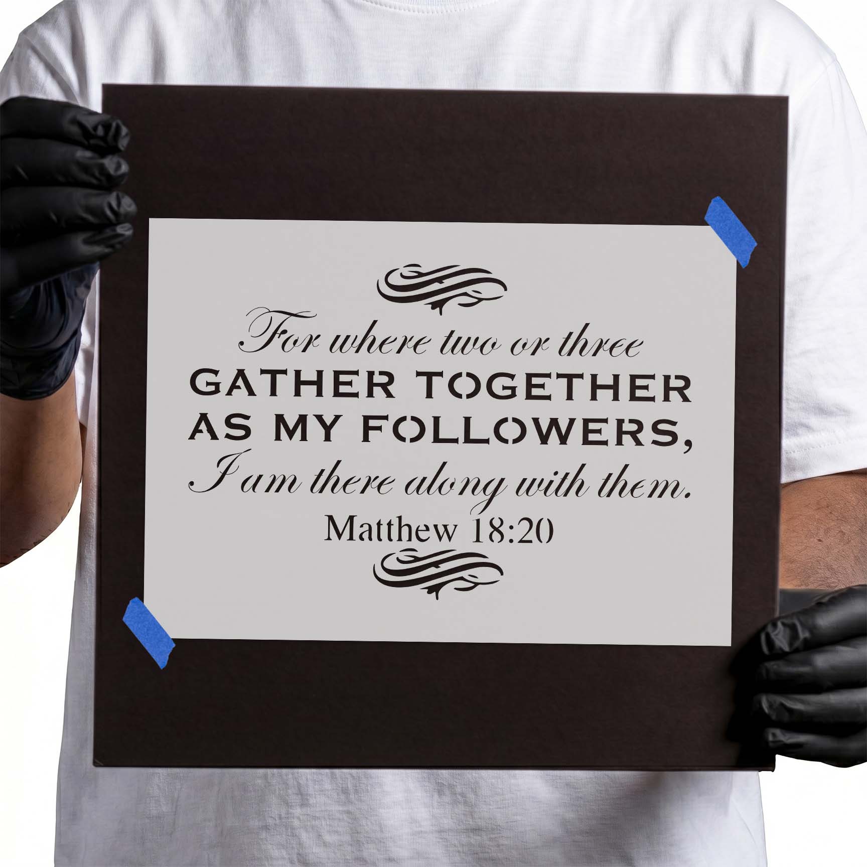 Matthew 18:20 scripture stencil with decorative flourishes and mixed lettering