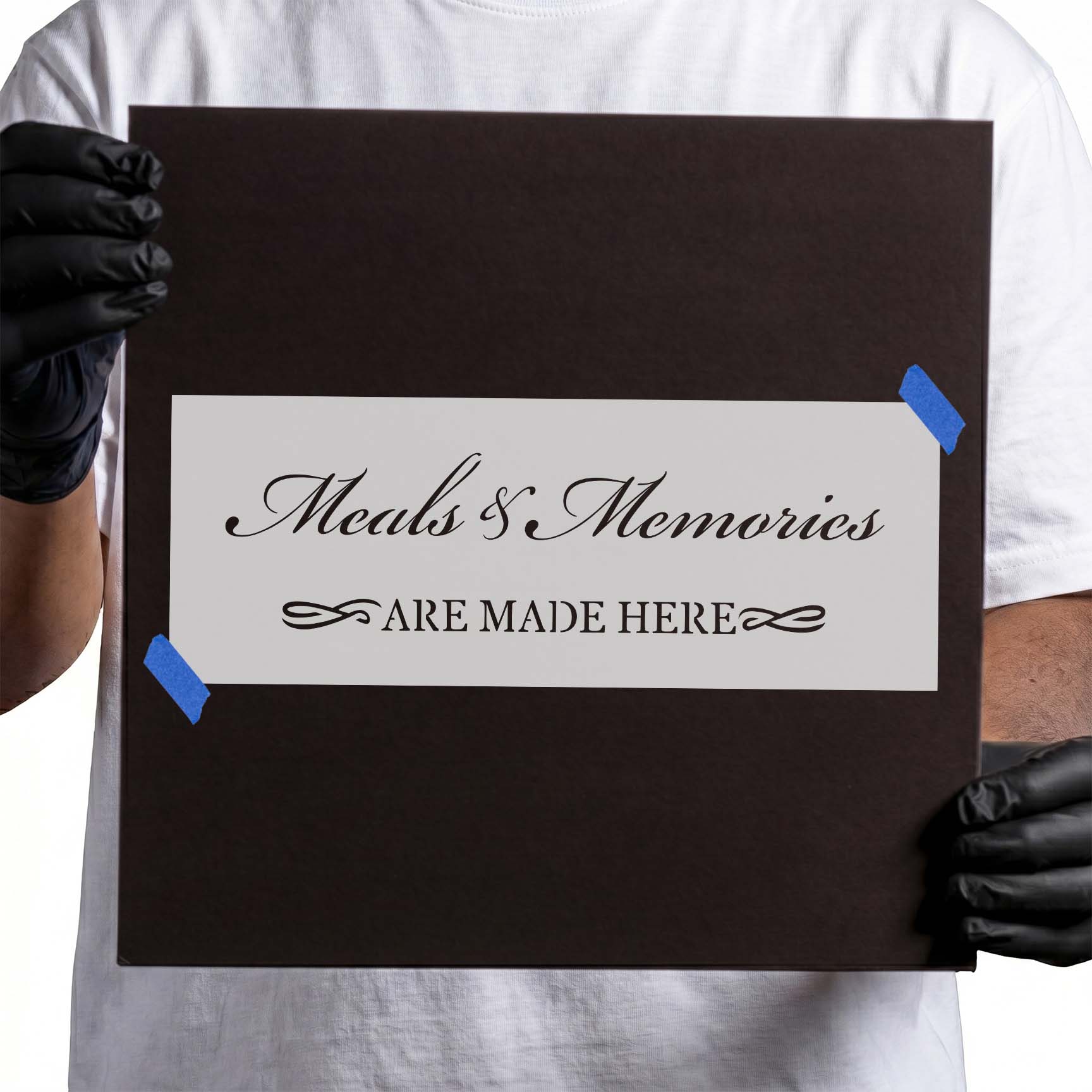 Meals and memories stencil with elegant script and decorative flourishes