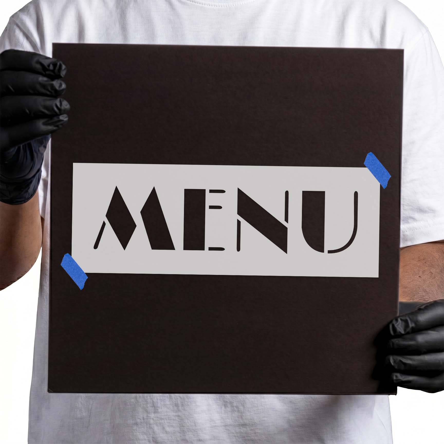 Menu stencil with bold retro geometric lettering and angular details