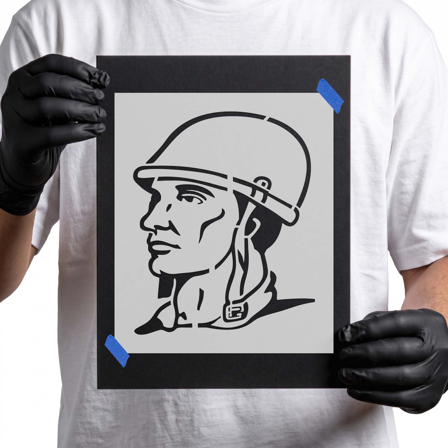 Military man profile wearing a helmet stencil design