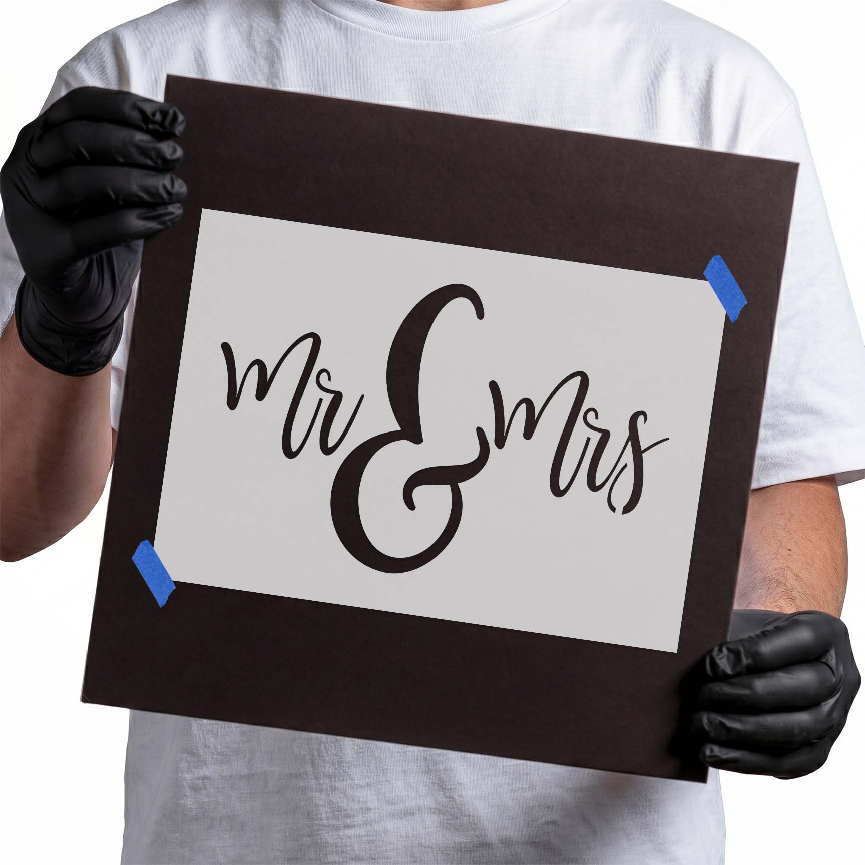 Mr and Mrs stencil with flowing script and oversized ampersand