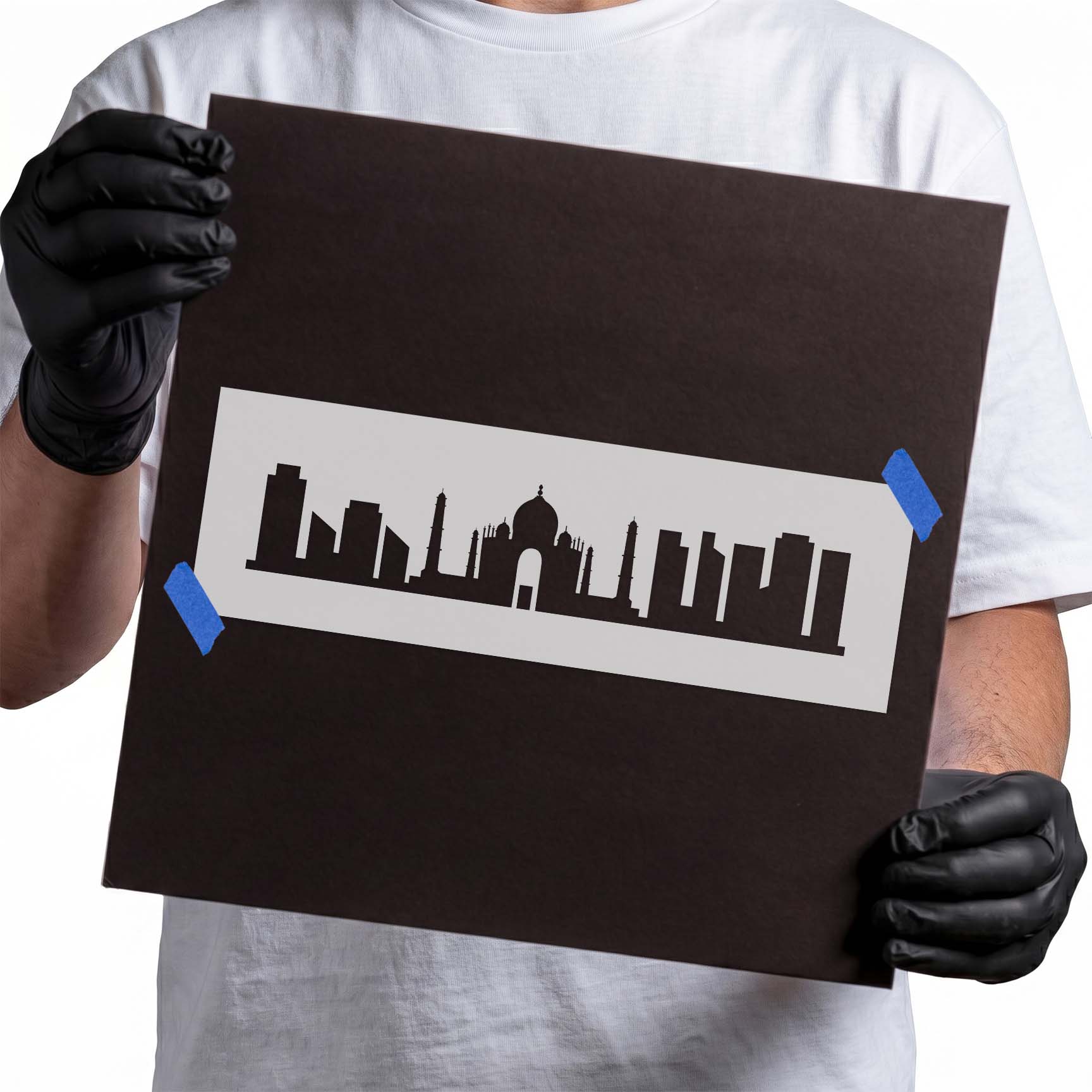 New Delhi skyline stencil with domed landmark towers and buildings