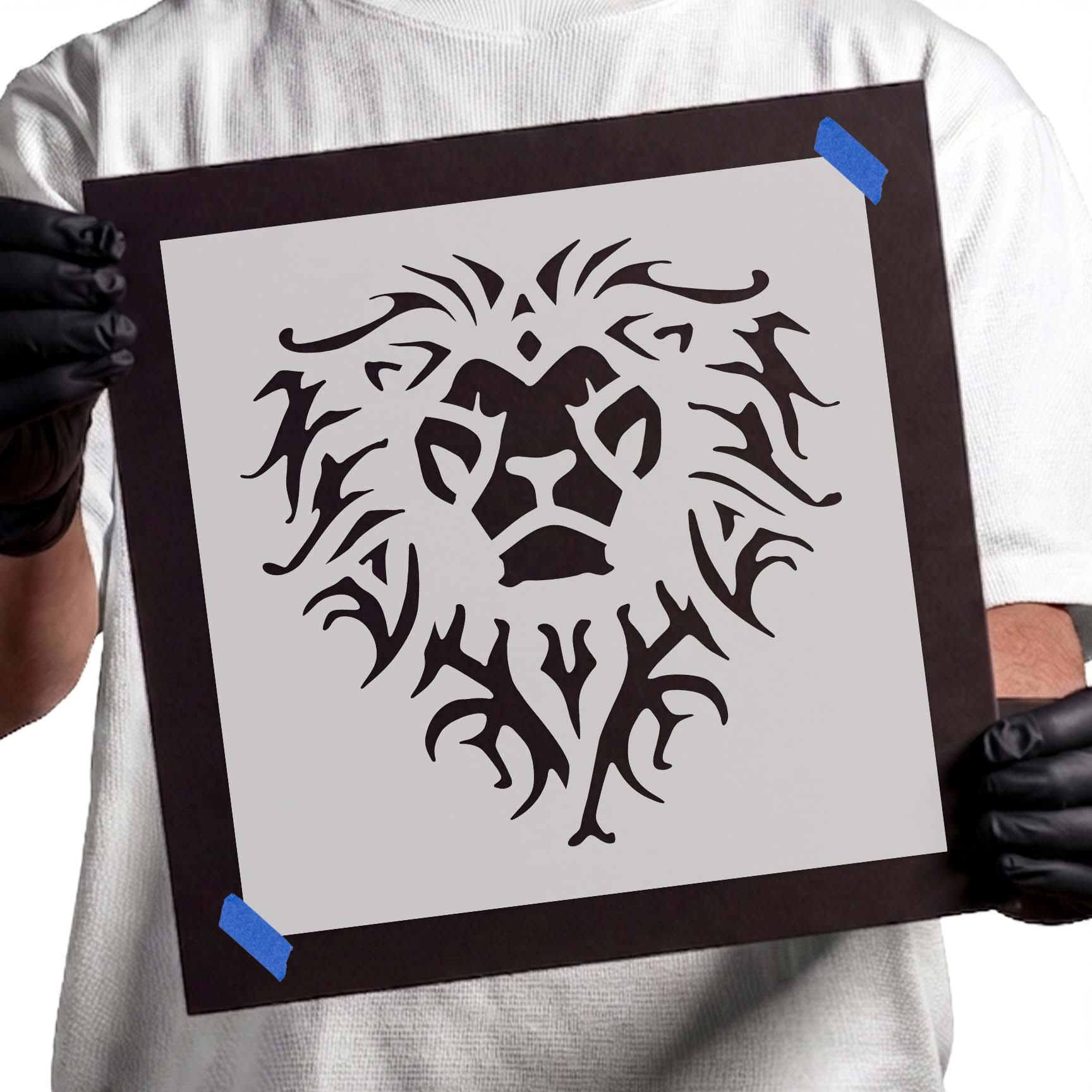 Lion stencil with ornate flowing mane and detailed facial features