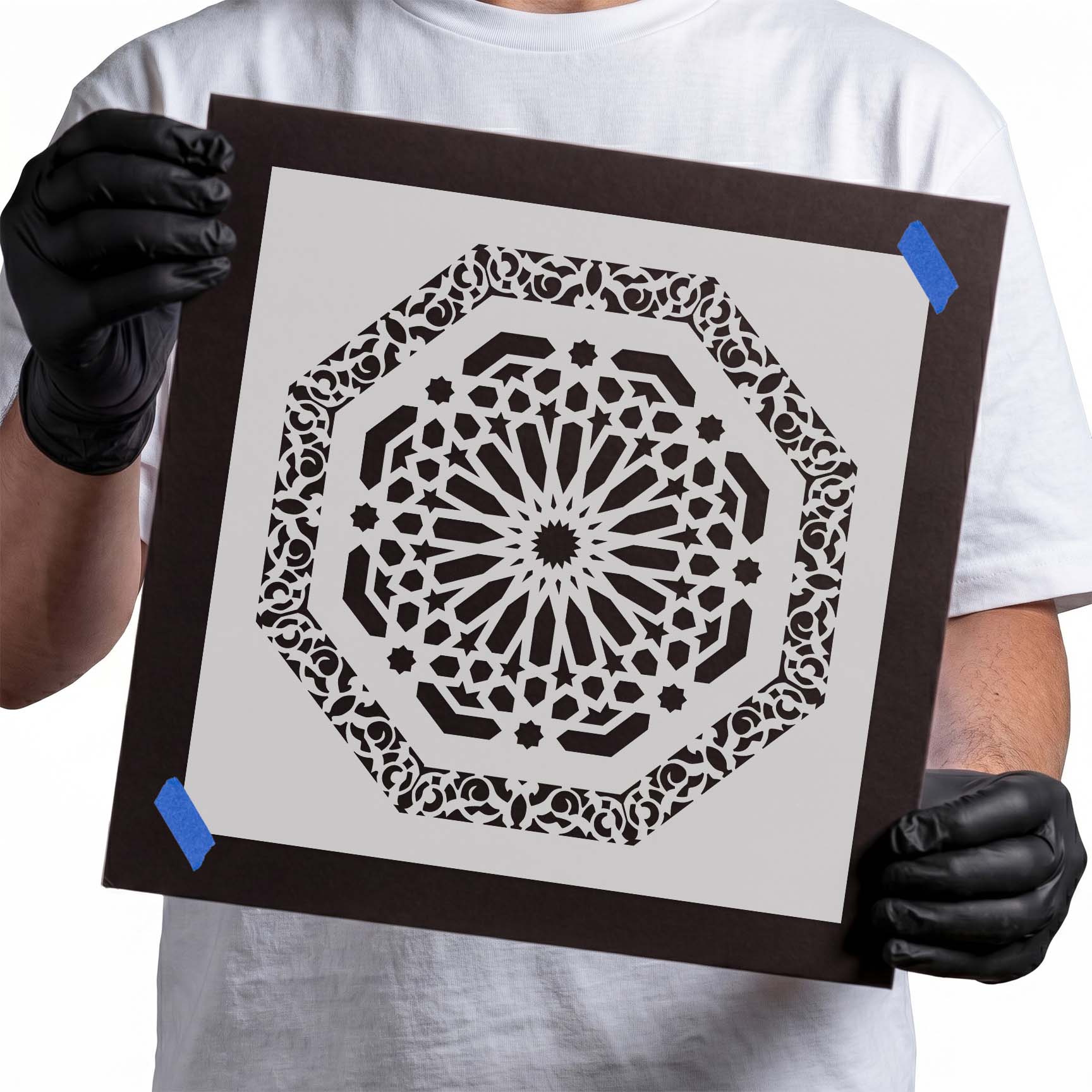 Octagonal tile stencil with radiating center and ornate geometric border