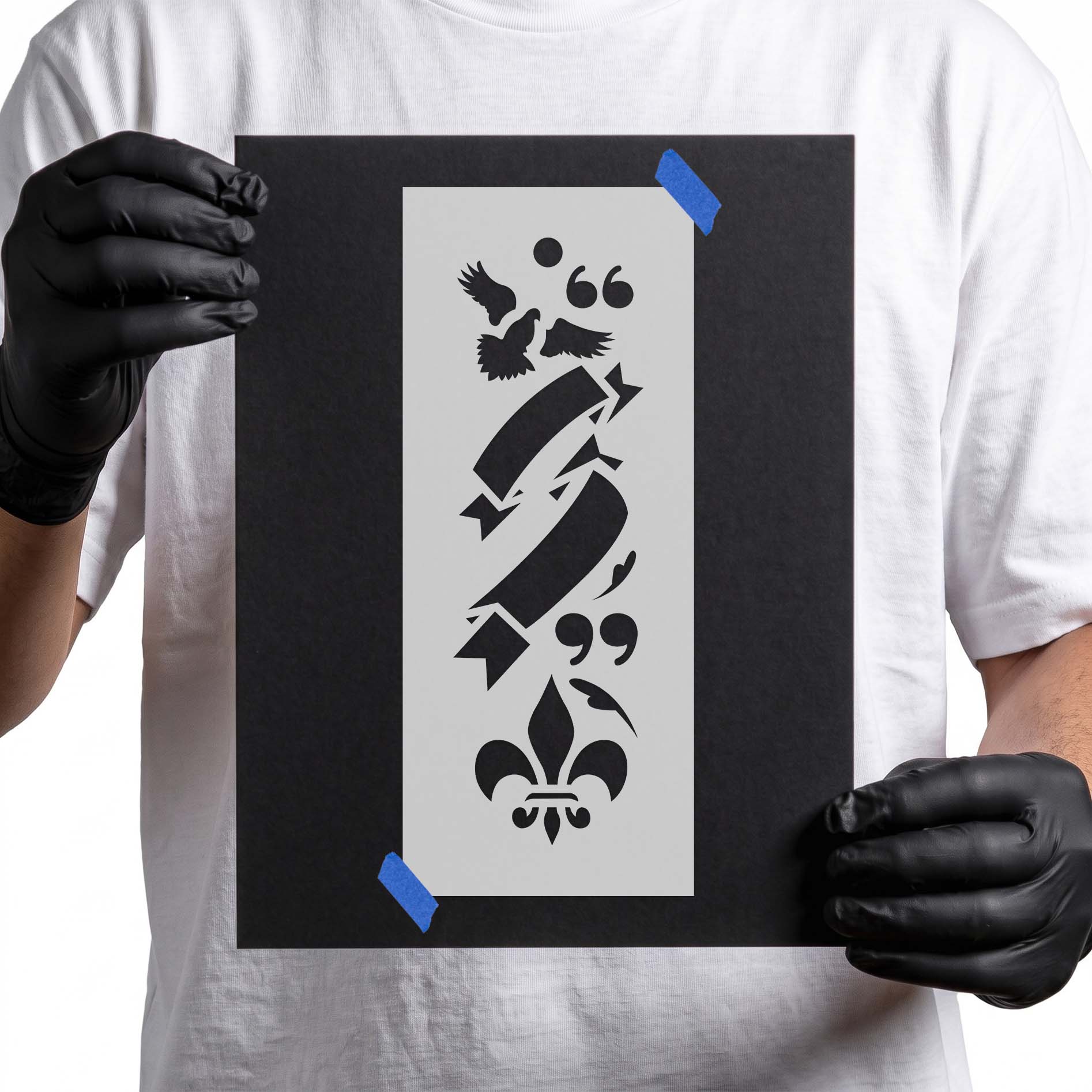 Ornate quotation stencil with banners birds and fleur-de-lis accents