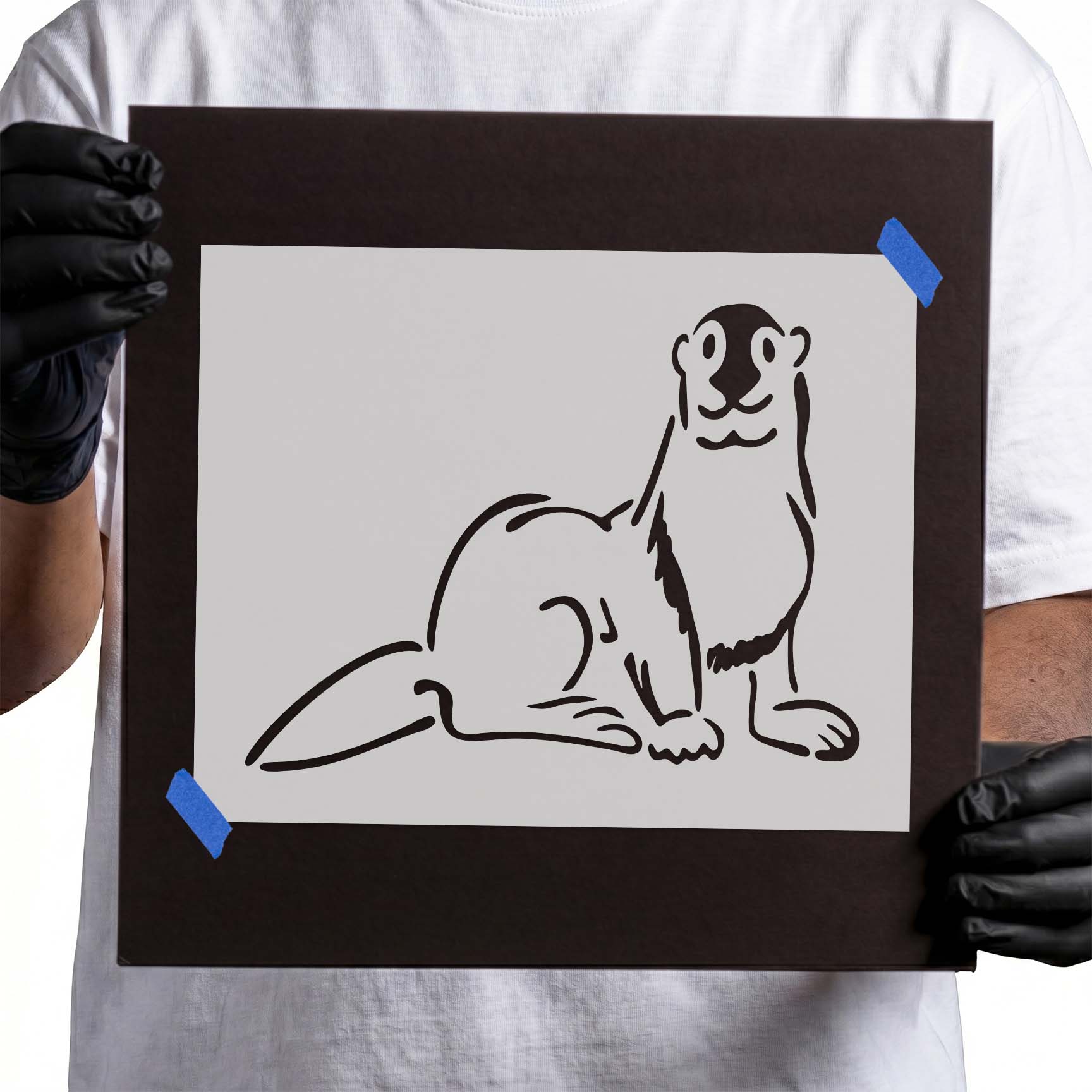 Otter stencil with upright pose, rounded face, paws, and long tail