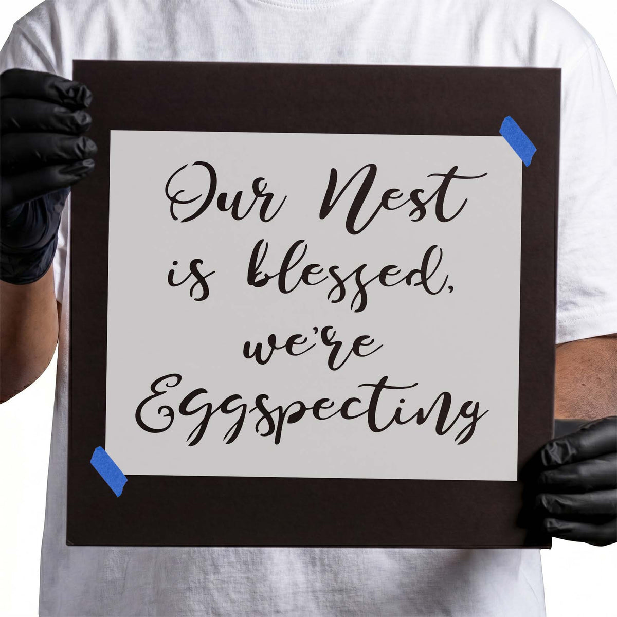 Our nest is blessed eggspecting script lettering stencil