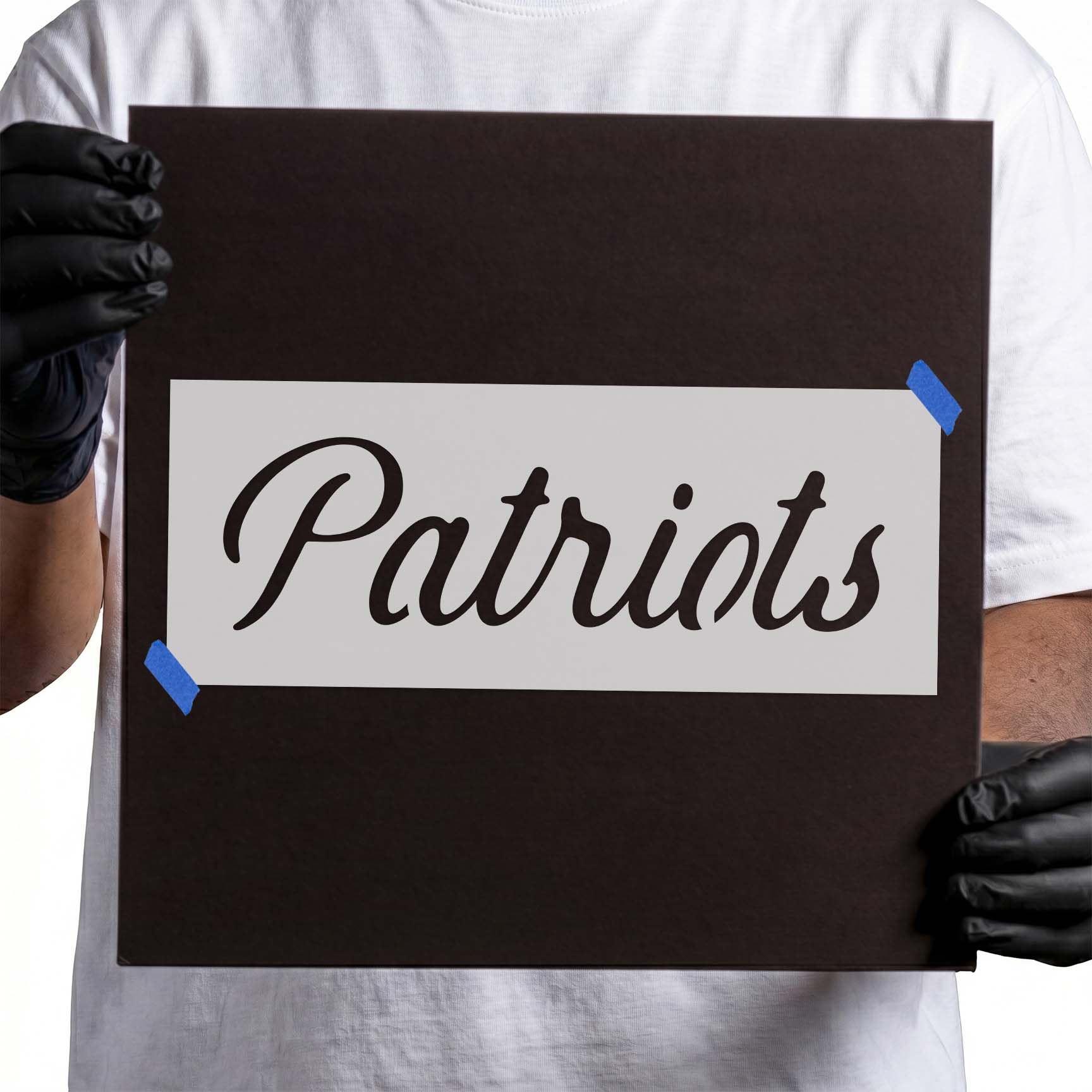Patriots stencil featuring flowing cursive word lettering