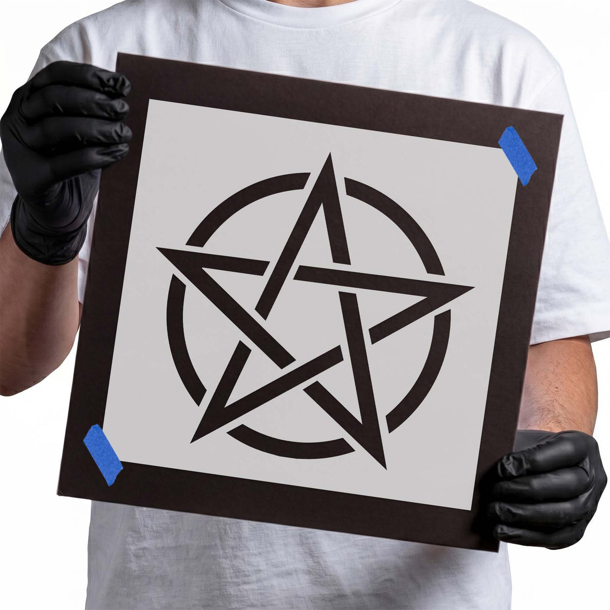 Pentagram stencil with interwoven five-point star and circular border
