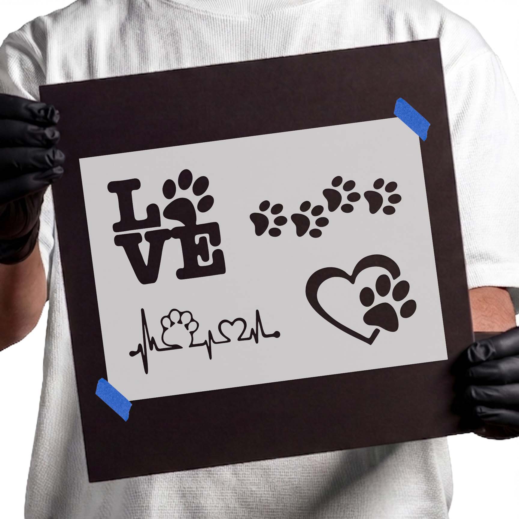 Pet love stencil with paw prints hearts and heartbeat symbols