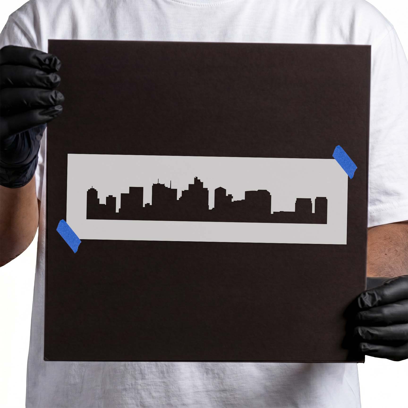 Phoenix skyline stencil with varied high-rise building silhouettes