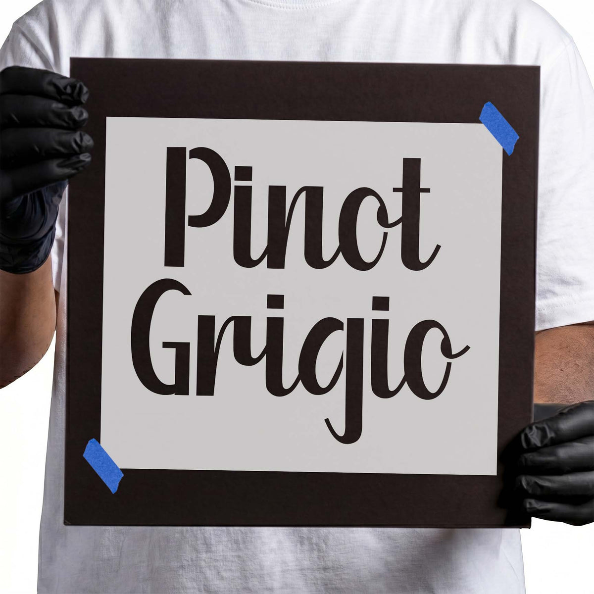 Pinot Grigio stencil with large flowing script lettering