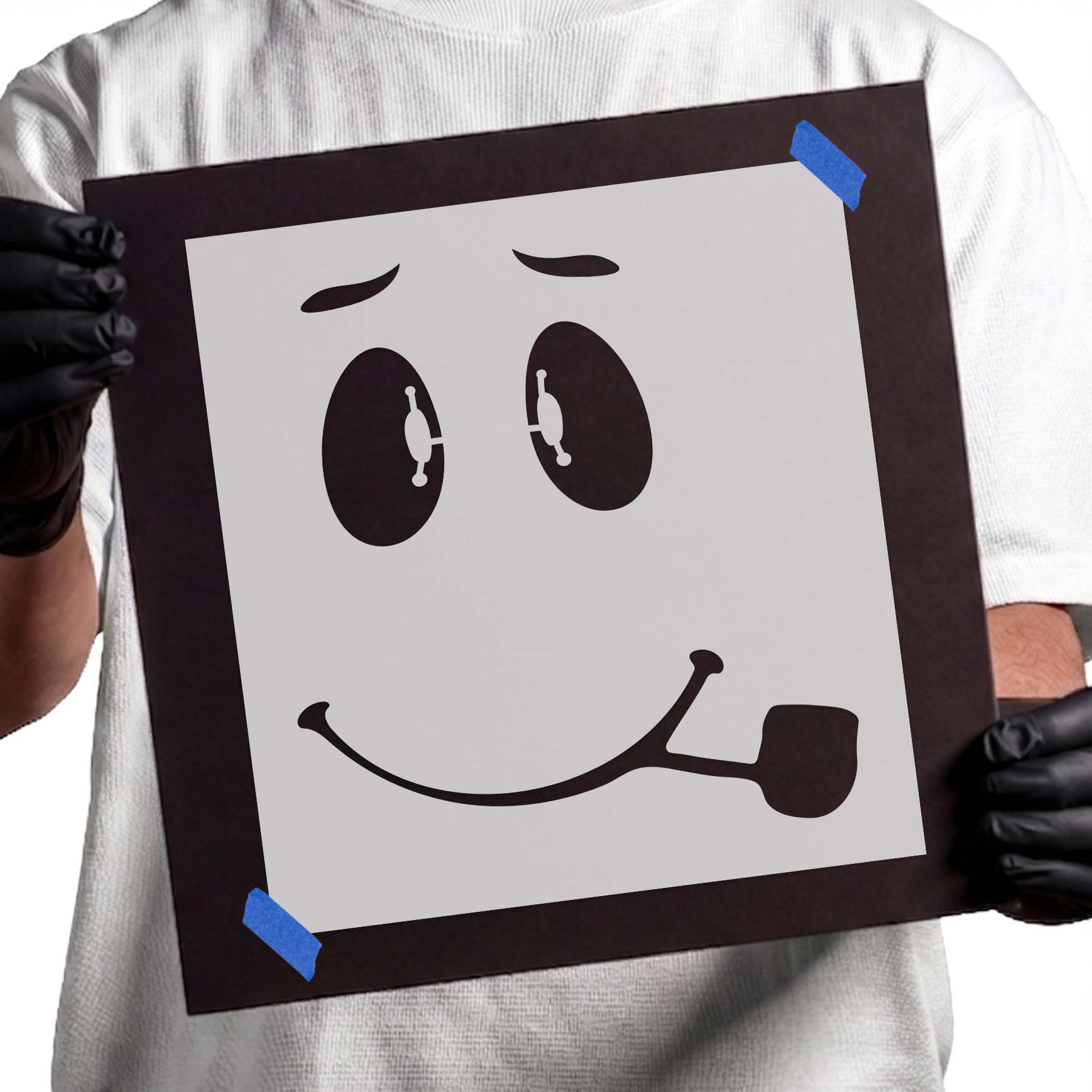 Smiley face stencil with raised eyebrows and smoking pipe