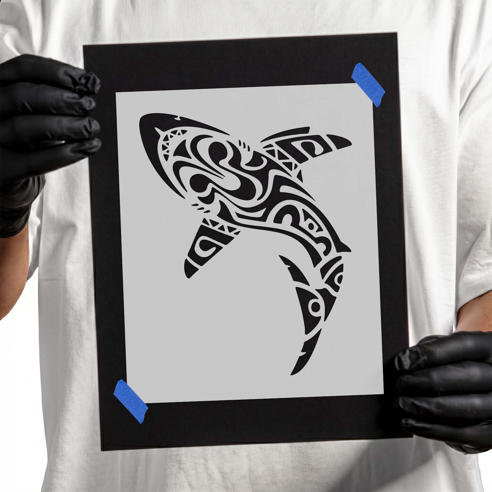 Polynesian shark stencil with flowing curves and intricate tribal markings