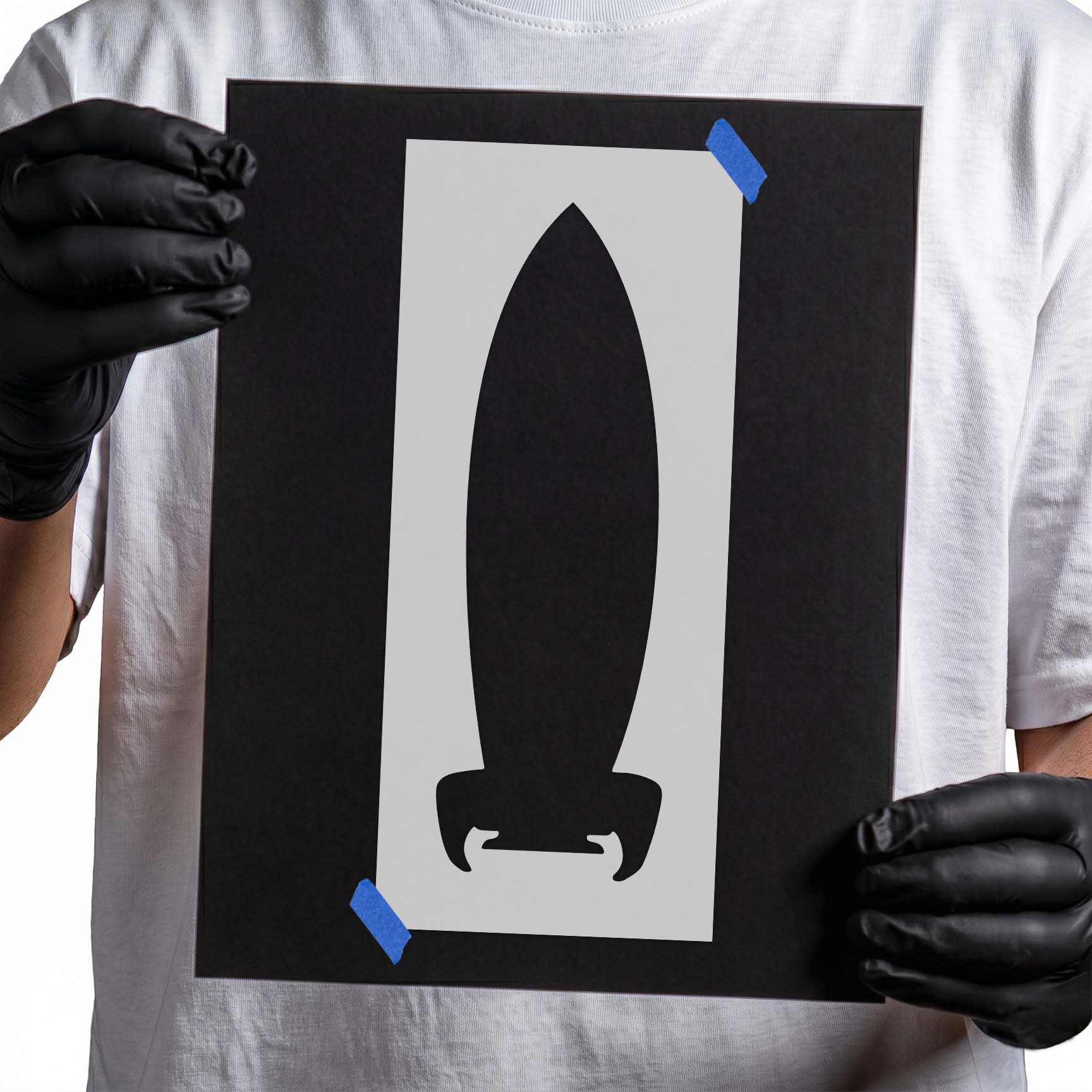 Rocket stencil with tall pointed silhouette and curved base