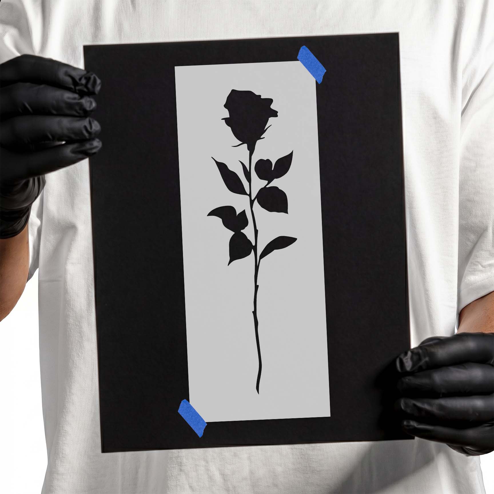 Long stem rose stencil with single bloom and leafy silhouette
