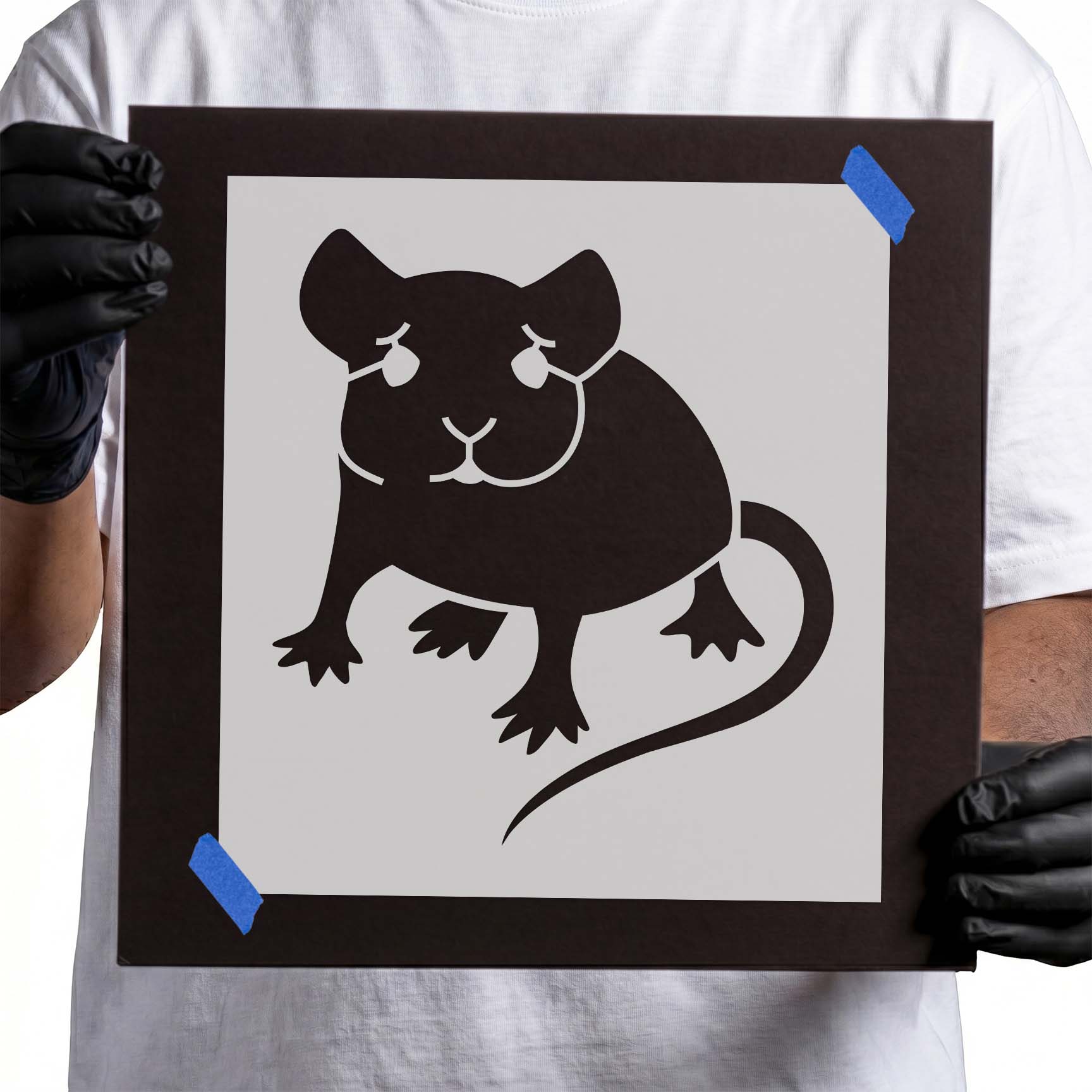 Sad mouse stencil with drooping eyes, rounded body, and curved tail
